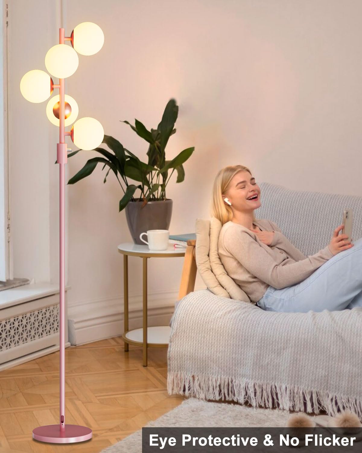 Acohook 64In Dimmable Pink Floor Lamp, Tall Standing Lamps With 5 Globe Soft Warm White Eye Care 3000K G9 Bulbs, Mid Century Mod