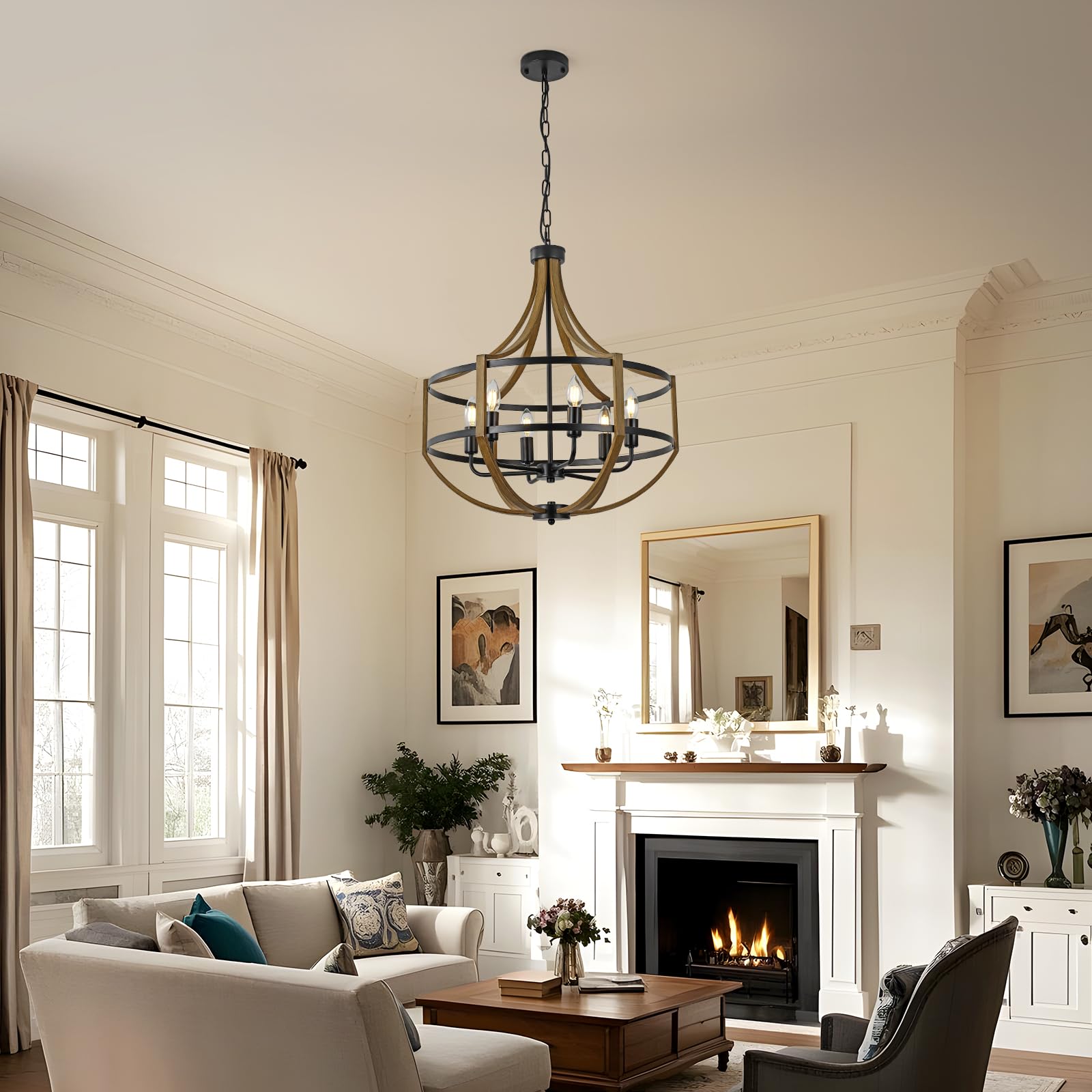 22'' Large Farmhouse Chandelier For Dining Room, Retro Wood Texture & Black Finish, 6-Light Adjustable Height Rustic Pendant Lig