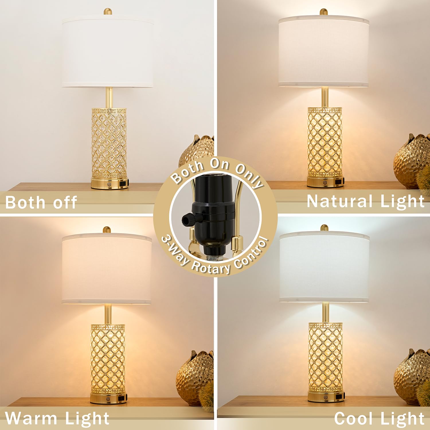 Saiweya Modern Crystal Table Lamp - 24'' Gold Bedroom Lamps 3-Way Dimmable Touch Lamp With Night Light, 2 Usb Ports + Ac Outlet