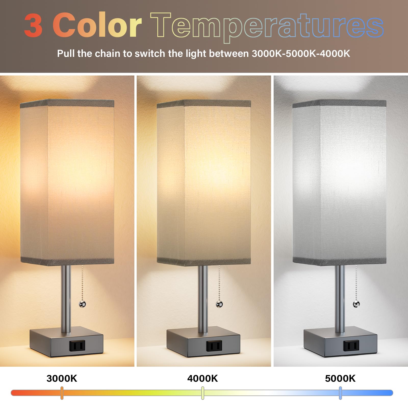 Fenmzee Grey Bedside Table Lamps For Bedroom Set Of 2 - Small Rectangular Nightstand Lamp With Ac Outlet Charging Port, 3 Color