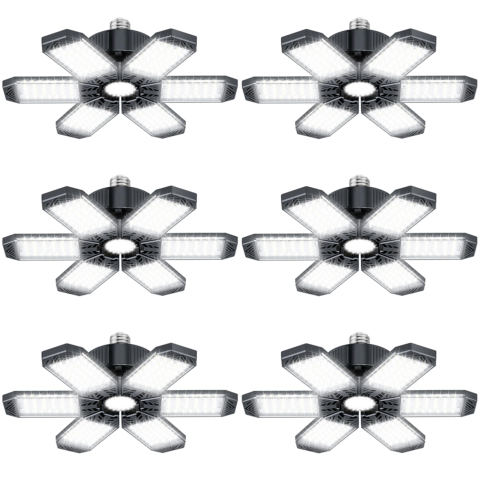 XINGHUANLIT Garage Lights 6 Pack - 200W 20000LM Garage Lights Ceiling LED 6500K, Screw in Shop Lighting with 6+1 Adjustable Pane