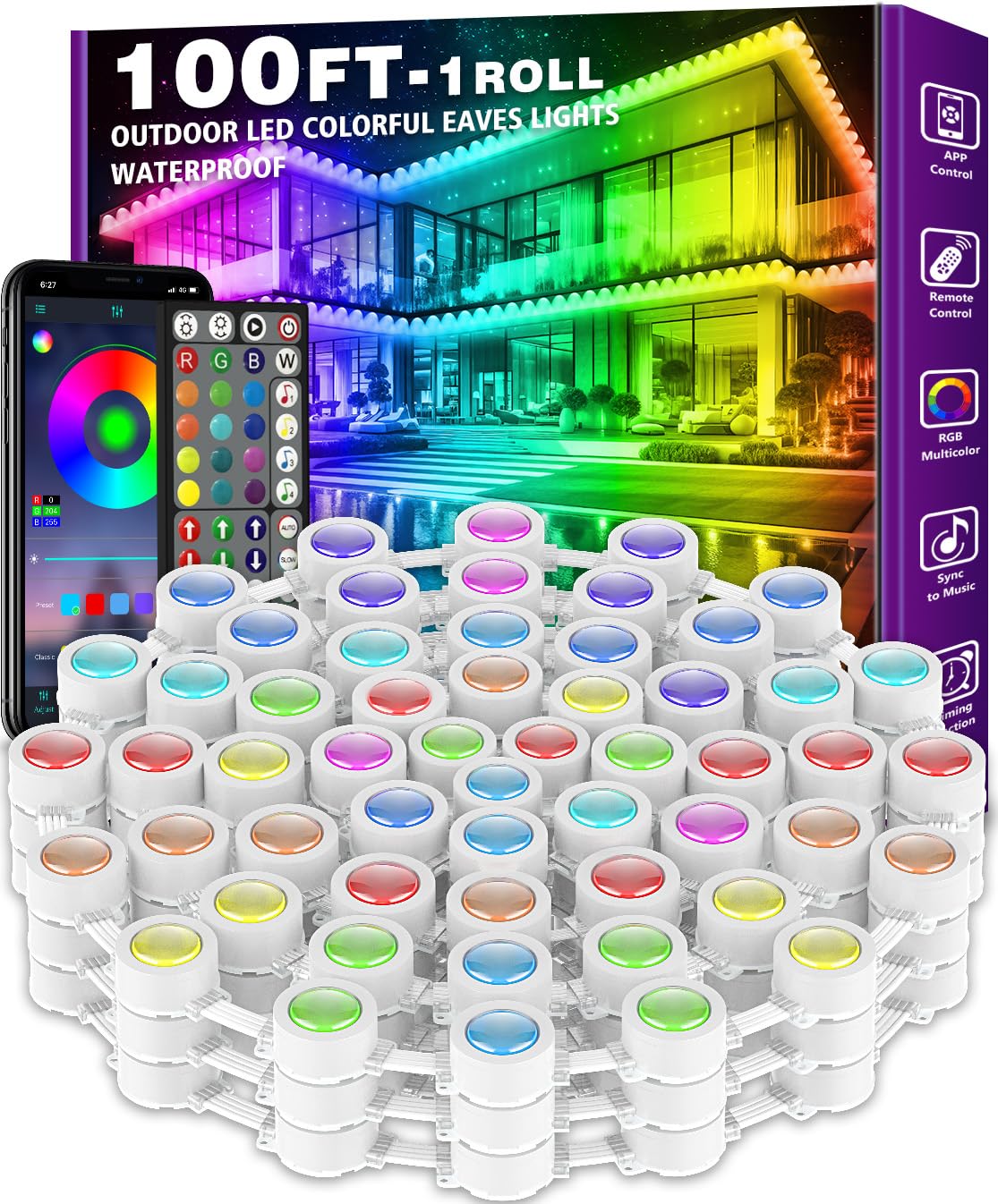 100FT Permanent Outdoor RGB Lights - IP67 Waterproof with Smart App Control Remote, DIY Scene Modes, Music Synchronization, Eave