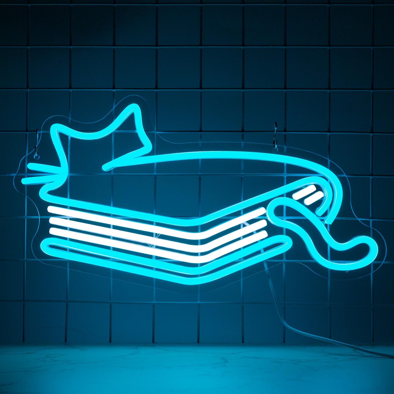 AUGELRE Neon Cat Book Sign, Dimmable LED Wall Decor, Acrylic, Ice Blue