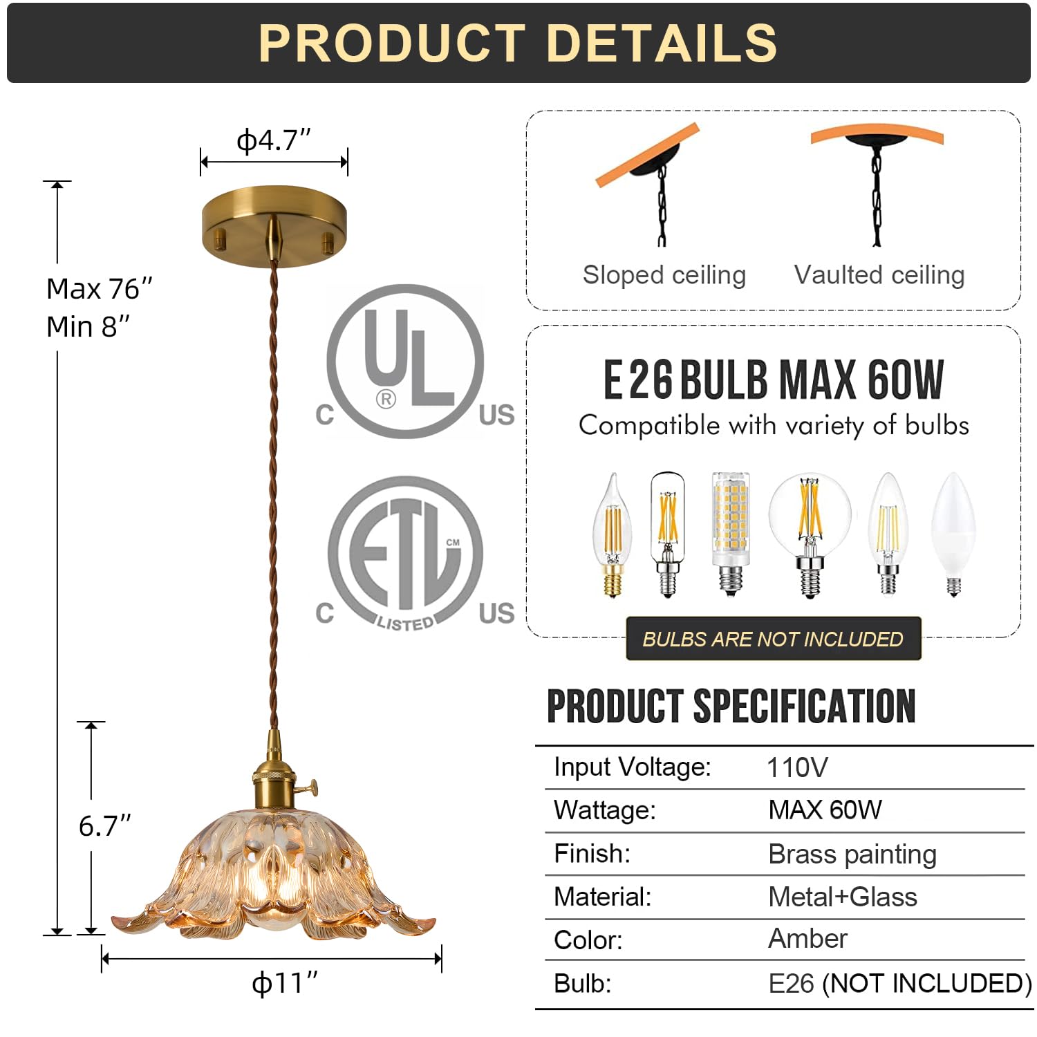 2 Pcs/Package Vintage Glass Pendant Light Fixtures,Amber Small Modern Chandelier,Champagne Gold Kitchen Pendant Light Over Islan