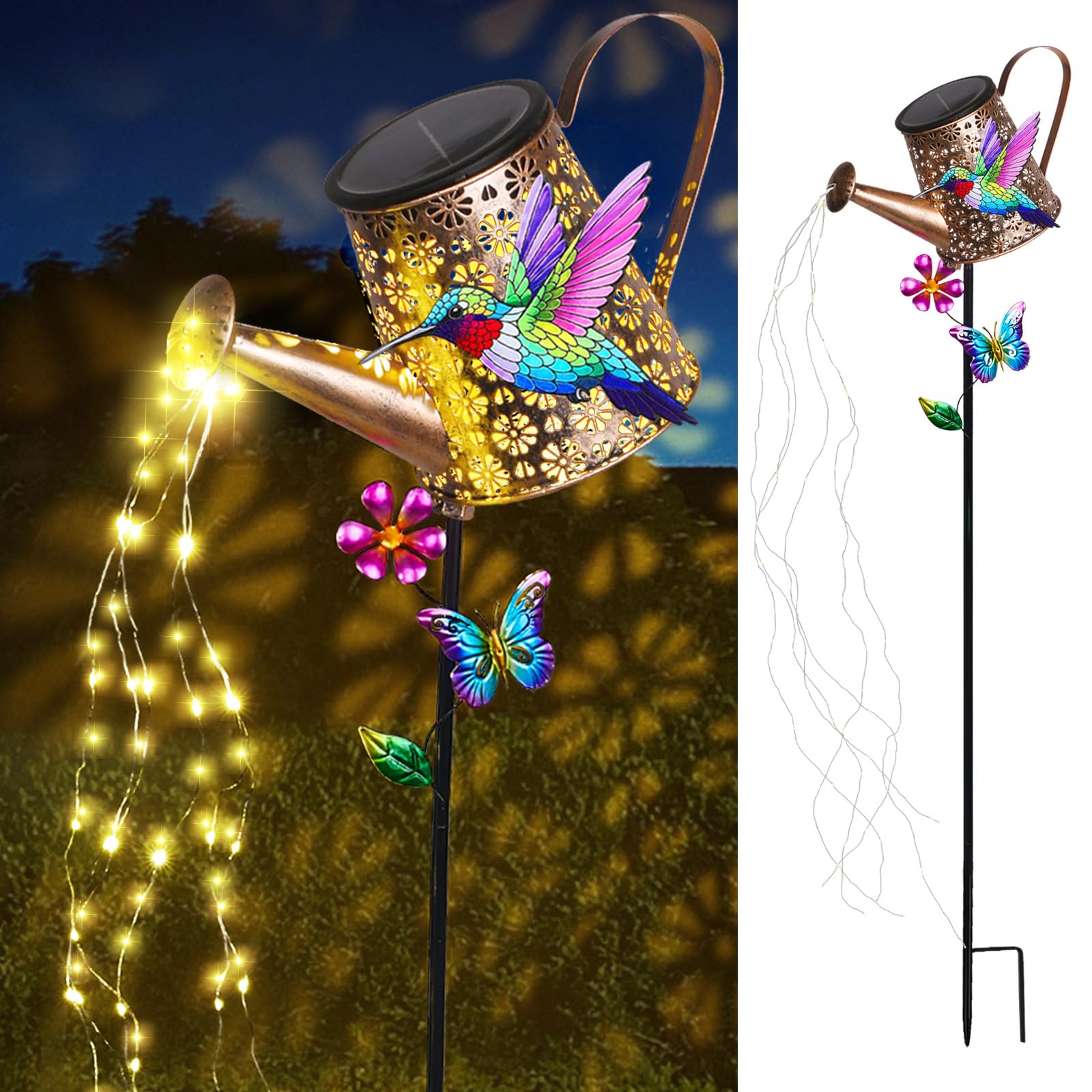 Solar Lights Outdoor Decorative,Metal Solar Watering Can Lights With Hummingbird, Waterproof Garden Stake For Yard Lawn Patio Pa