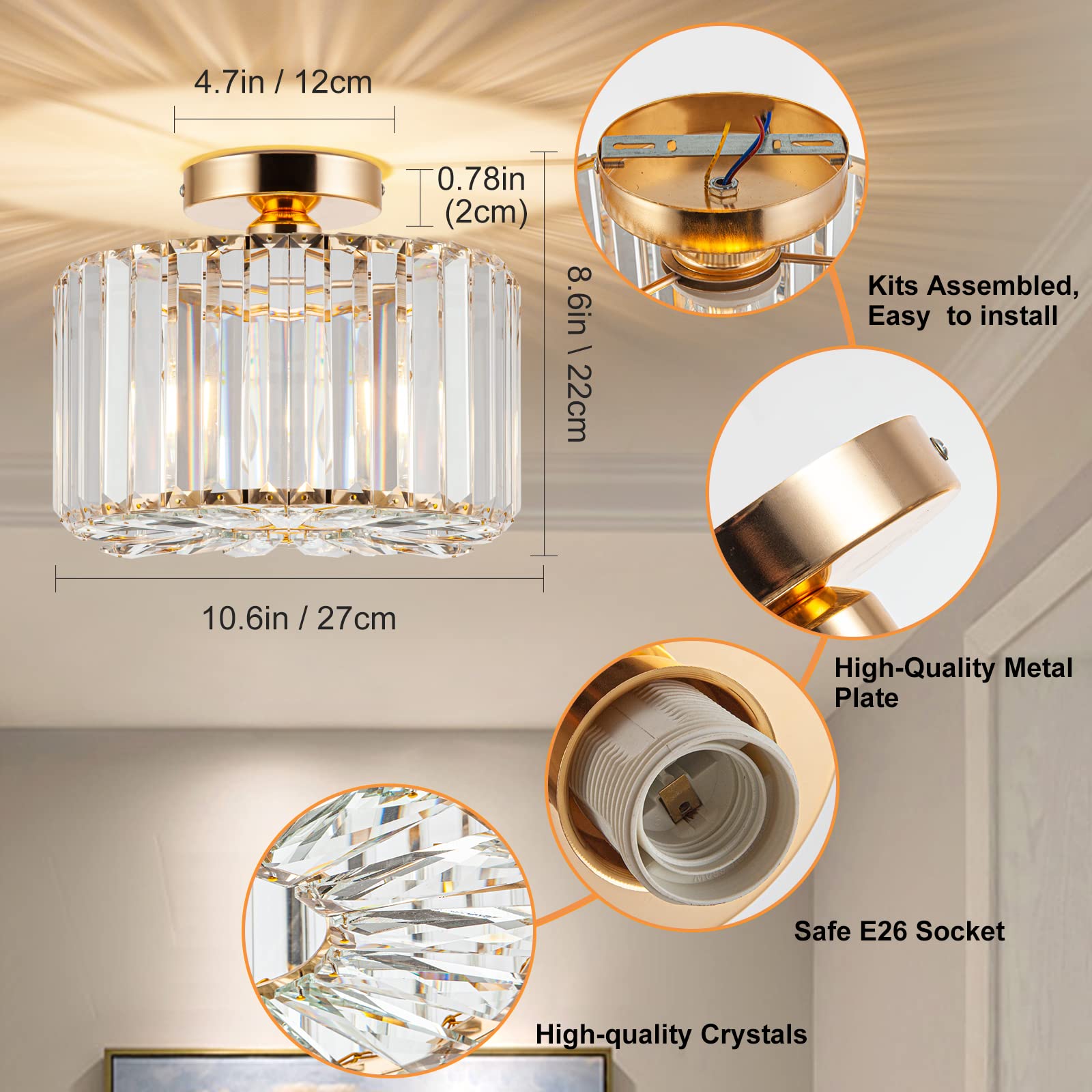 Hopggie 10.6 Inch Gold Chandelier Flush Mount Ceiling Light Mini Small Crystal Chandeliers Modern Hallway Light Fixtures Ceiling
