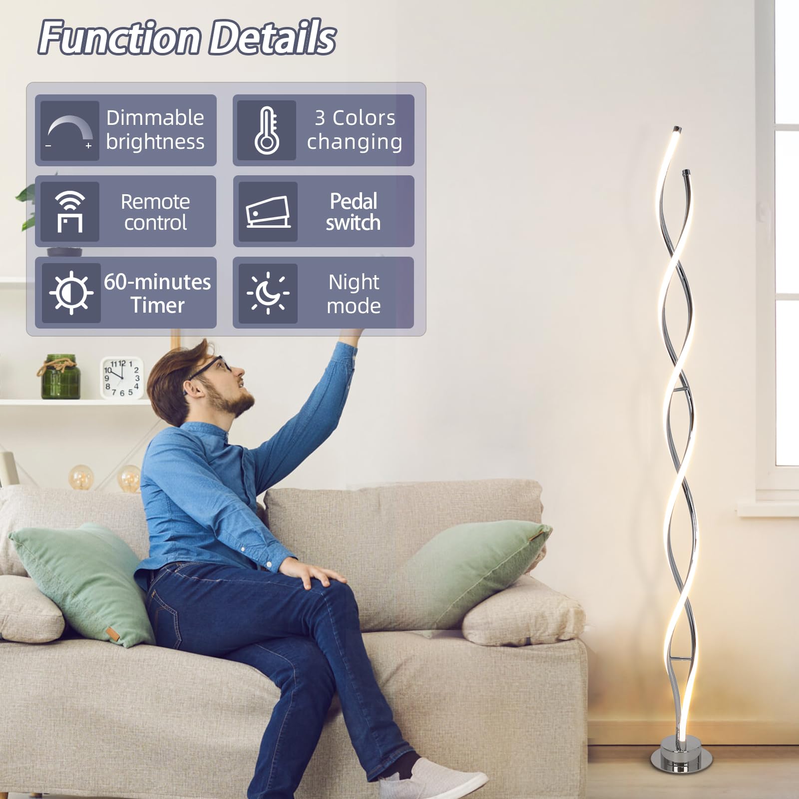 Adisun 31W Modern Floor Lamp, Led Spiral Floor Lamp For Living Room, 3-Color Dimmable Standing Lamp With Remote Control, 58'' Ta