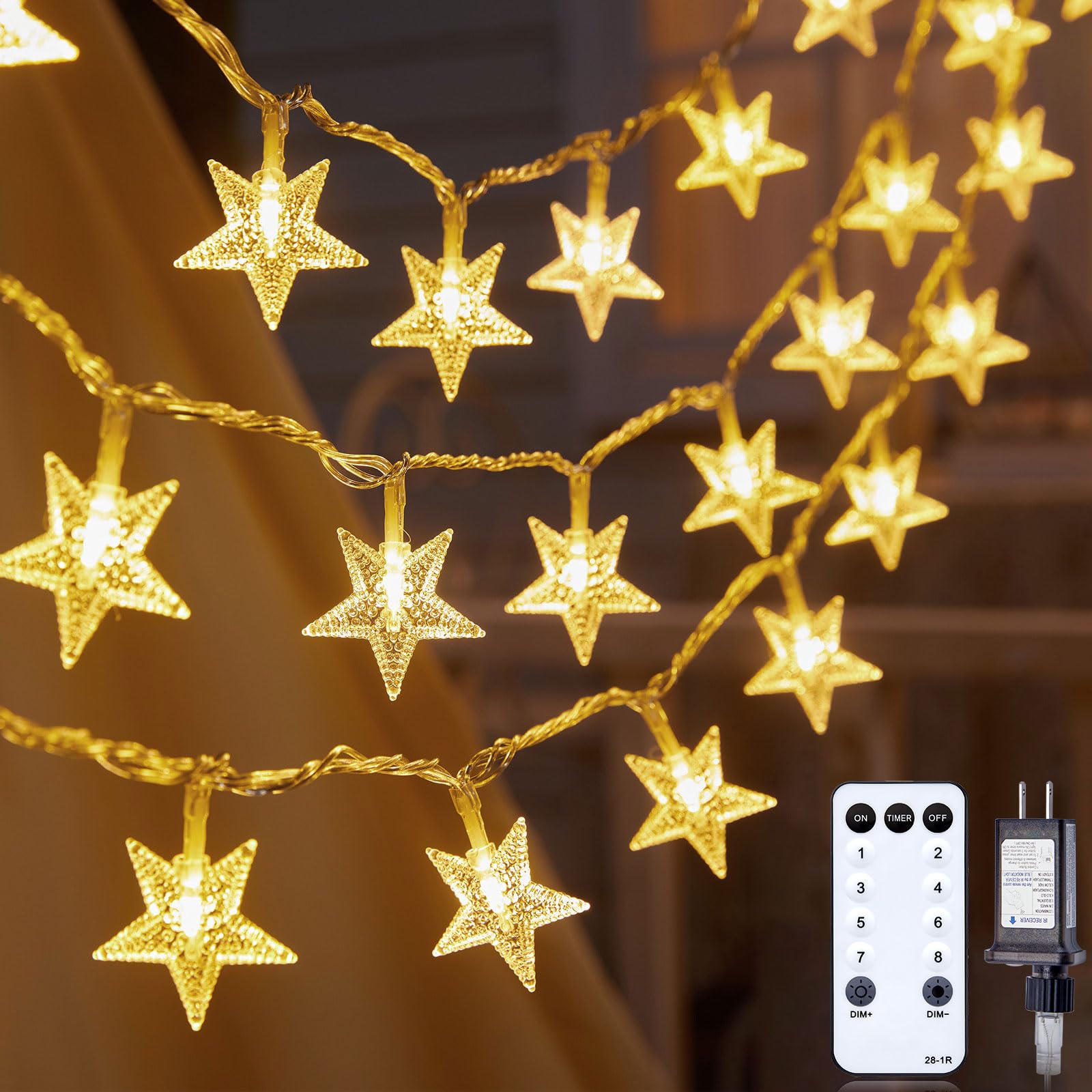 Minetom Star String Lights - 33ft 100 LED, Waterproof, Remote & Timer, Warm White, Indoor/Outdoor Décor, Model GP-SW290DC0209-IP44