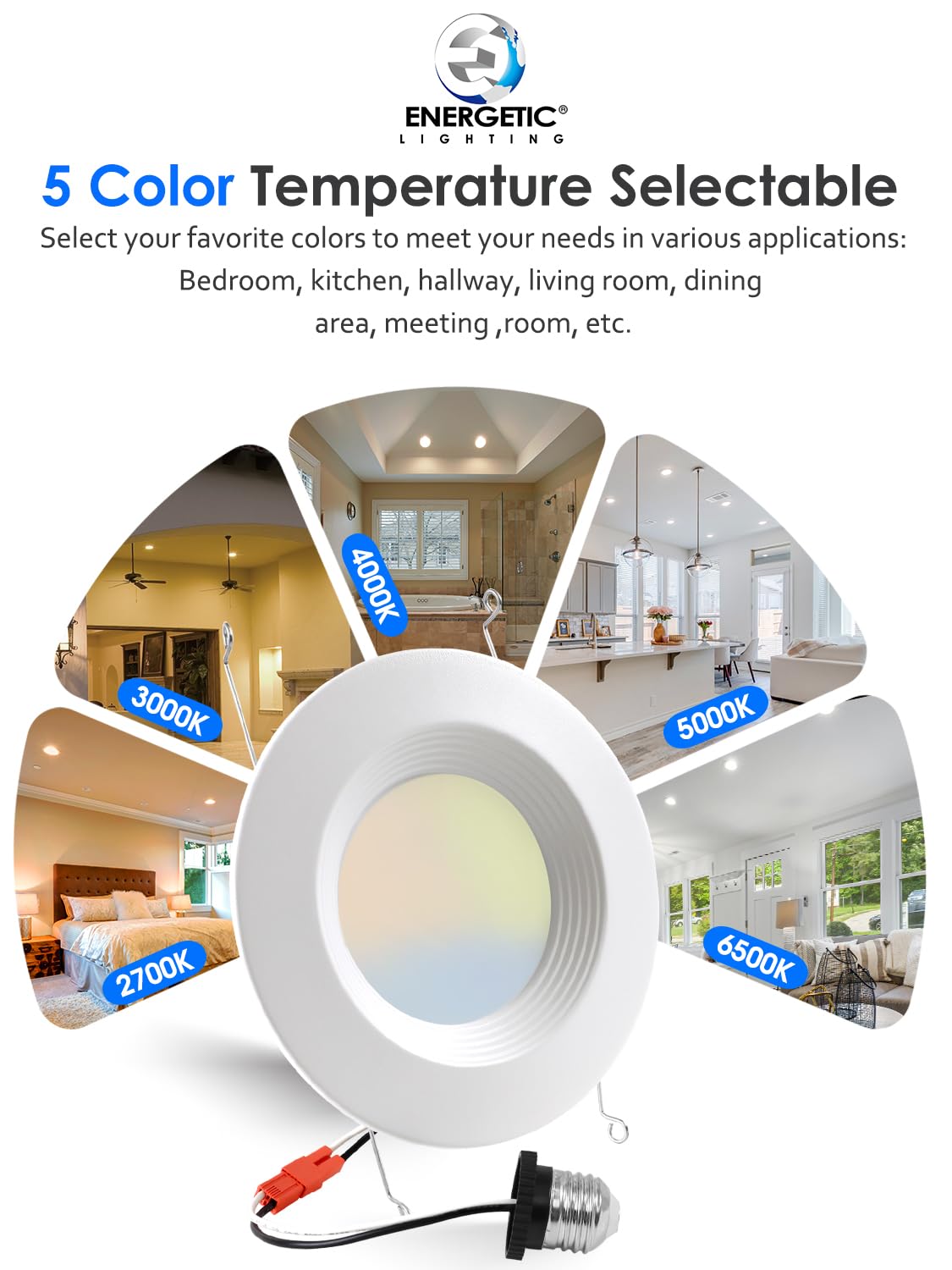 2 Pack 5/6 Inch 5Cct Led Recessed Light Retrofit, 2700K/3000K/4000K/5000K/6500K Selectable Downlight, Dimmable Can Lights With Metal Baffle Trim, Cri 90, 10.5W=85W, E26 Base, Ic & Wet Rated, Etl&Fcc