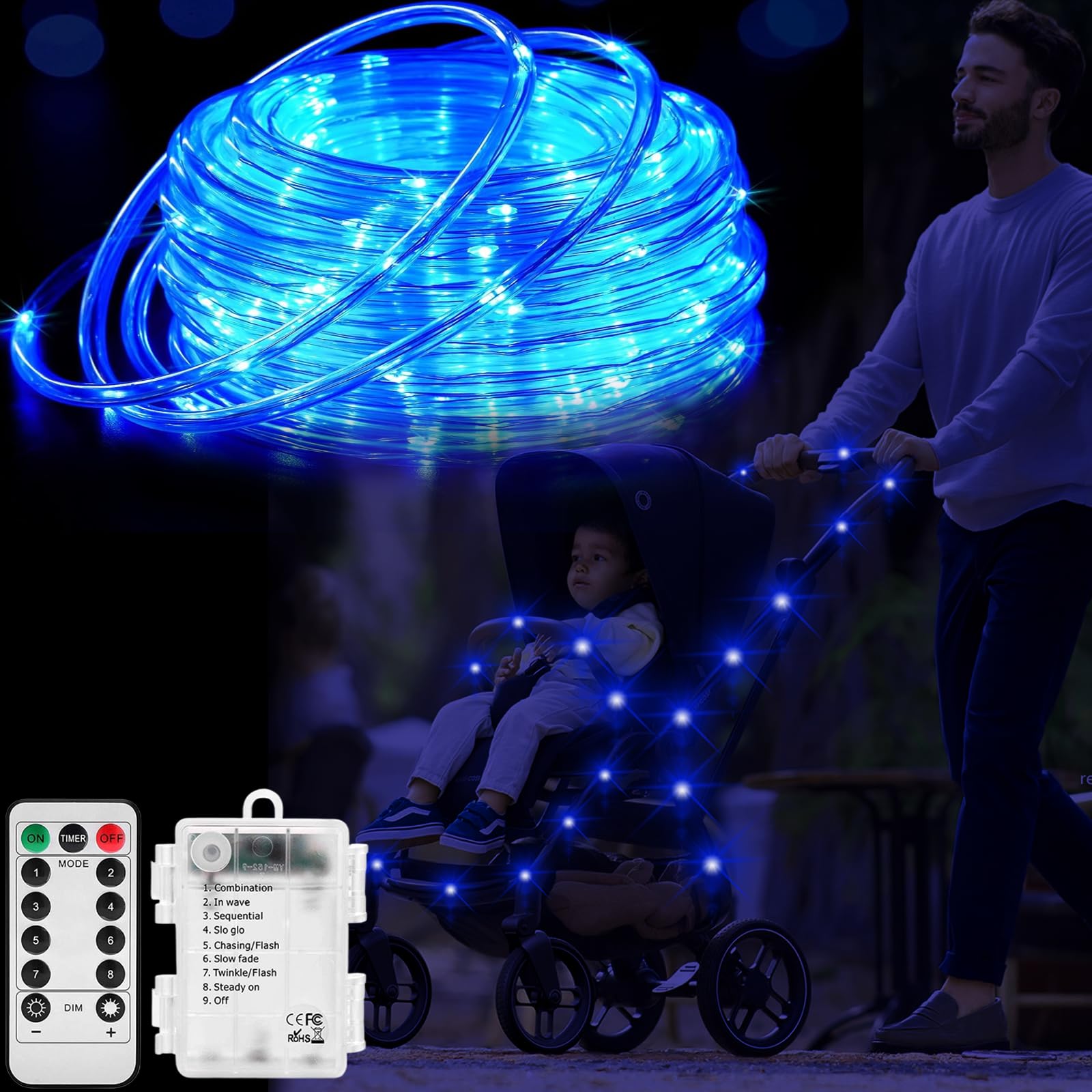 Qlonn 16.4Ft Stroller Lights For Walking At Night - 50 Leds 8 Modes Outdoor Waterproof Baby Stroller String Lights Dimmable/Time
