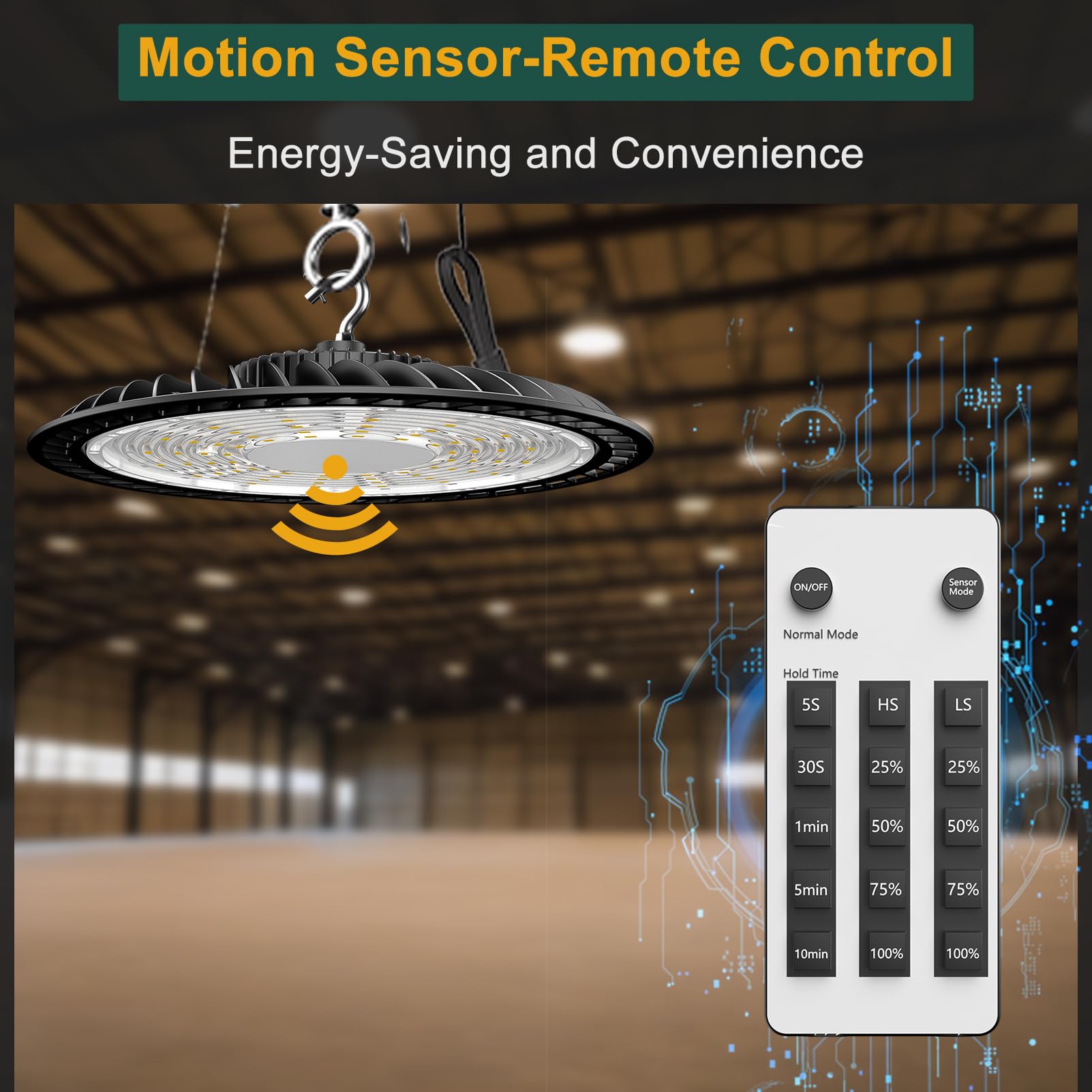 ACOHOOK High Bay Light 300W with Motion Sensor, 45000lm, Remote Control, Aluminum, 6Pack, Model AUFO-15MD, Smart Color