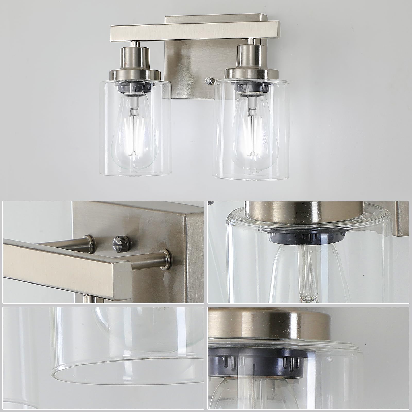 DIKAIDA Bathroom Vanity Light 2-Light Nickel Modern Metal Sconce with Clear Glass Shade NS-2