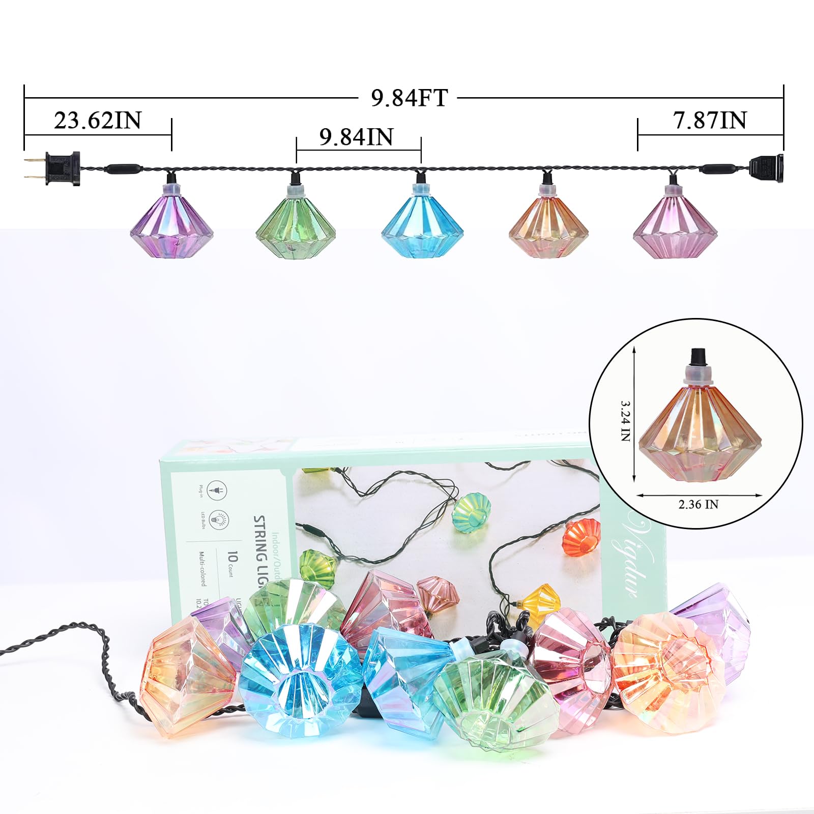 Vigdur Fairy String Lights - 10 LED Diamond Bulbs, Connectable Bubble Lights for Xmas Party, Wedding, Bedroom, Patio Decor, Multicolor