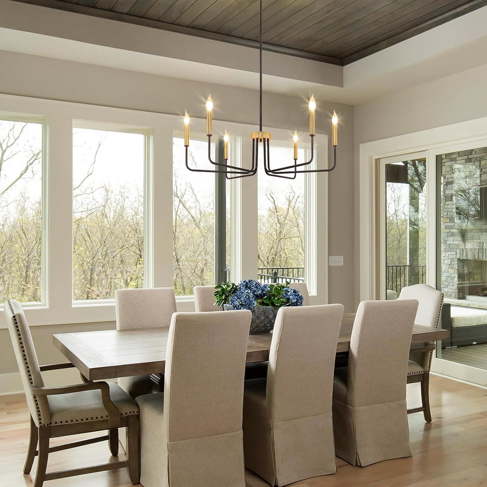 Rviezza 6-Light Modern Black and Gold Chandelier - Metal Dining Room Light Fixture for Living Room, Kitchen, Foyer, Entryway, Bedroom
