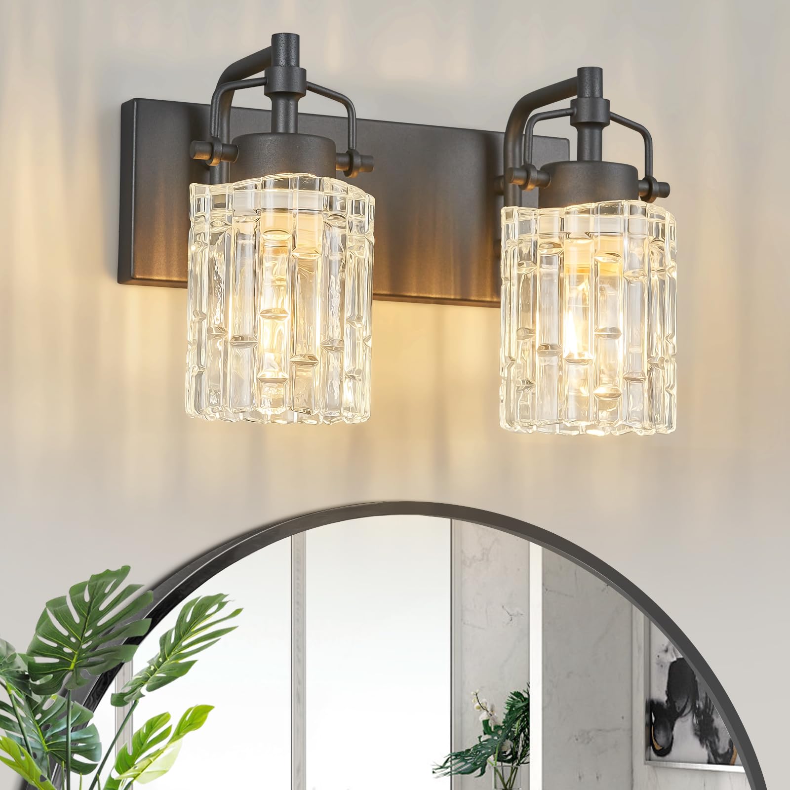 BNHHLZ Bathroom Vanity Light 2-Light Modern Black Metal Fixture with Crystal Glass Shade, Model 4132