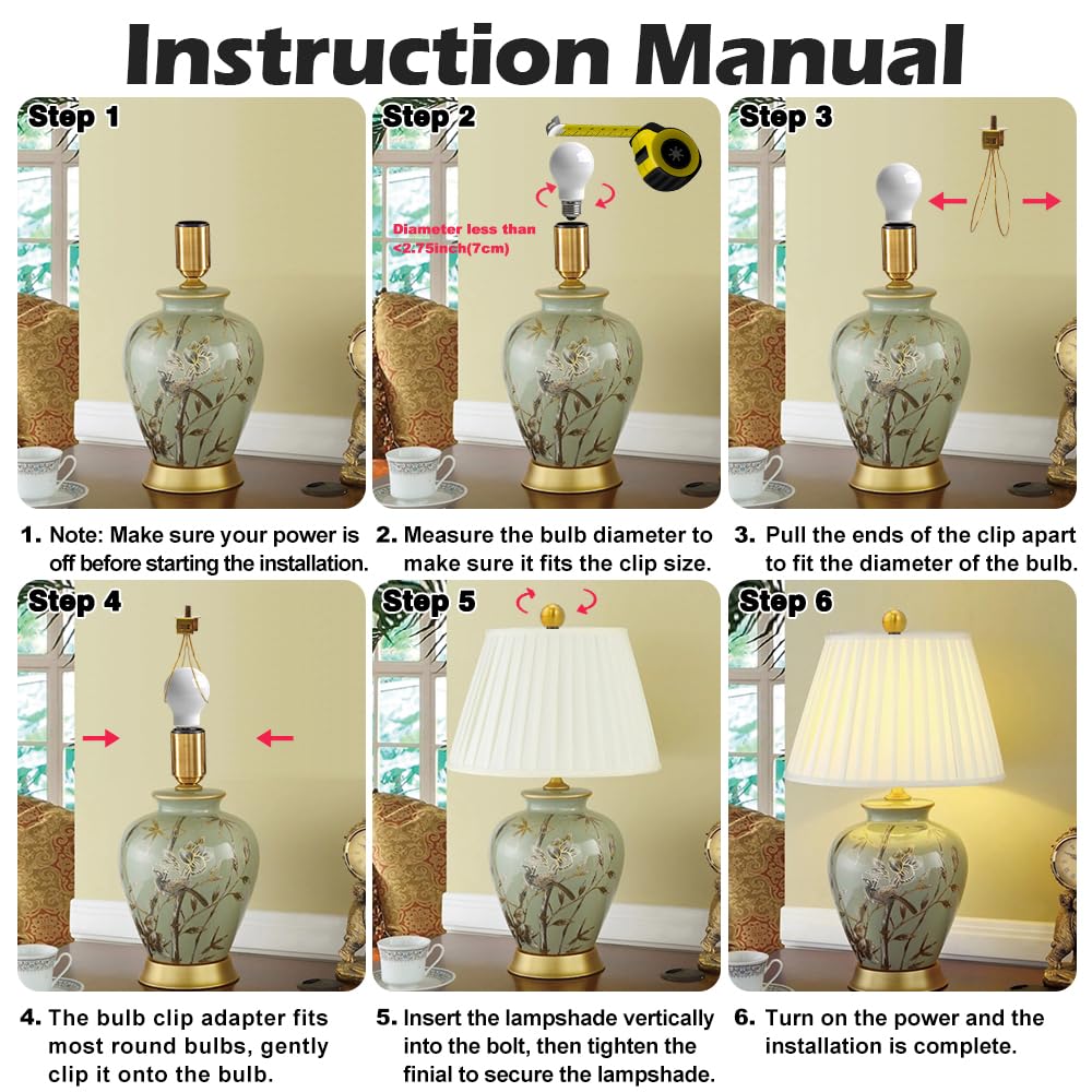 Asjeumt 2 Pieces Lamp Shade Light Bulb Clip Adapter Kit, Antique Gold Lampshade Holder With Round Top Finial, No Harp Required,