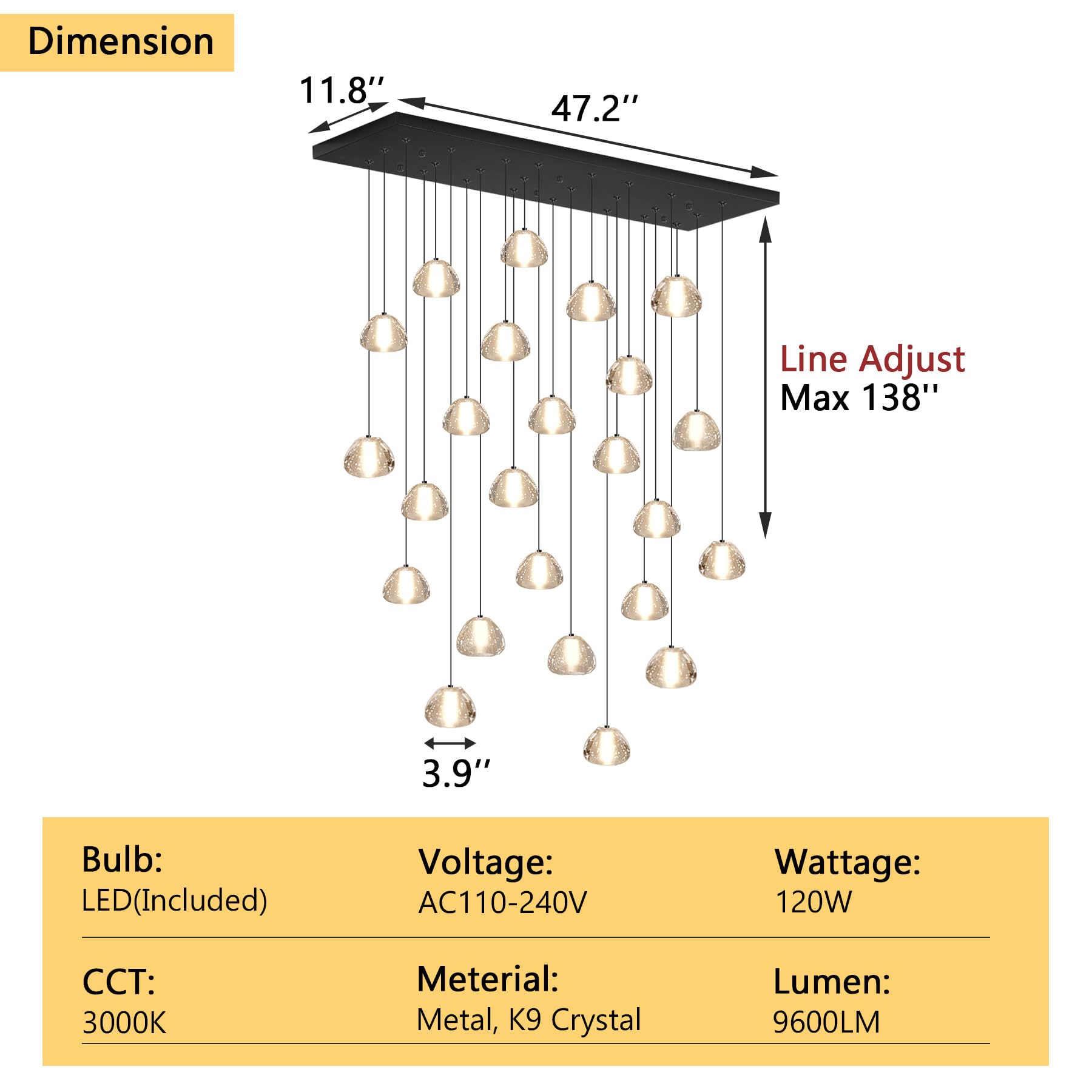 dolria 24-Lights Rectangular Crystal Chandelier Pendant Light - Black Metal Fixture for Living Room, Hotel, Staircase, Foyer, Bedroom - PC0010-24B-Chang