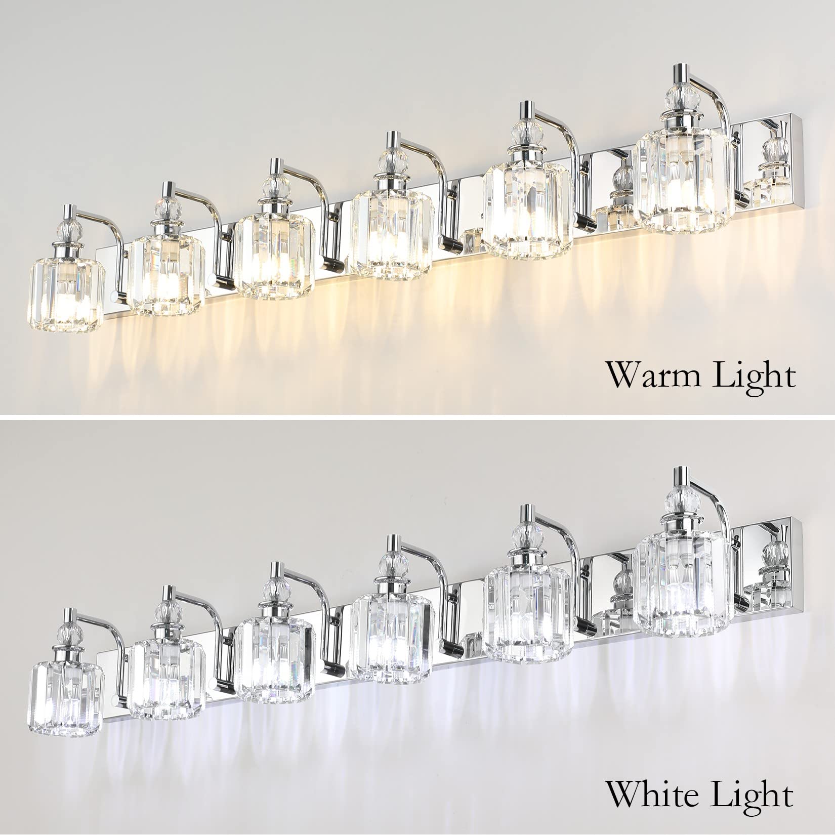 Ralbay 6-Light Crystal Vanity Lights - 48" Chrome Stainless Steel Bathroom Fixture, Model 8605, Modern Design for Wall Mounting