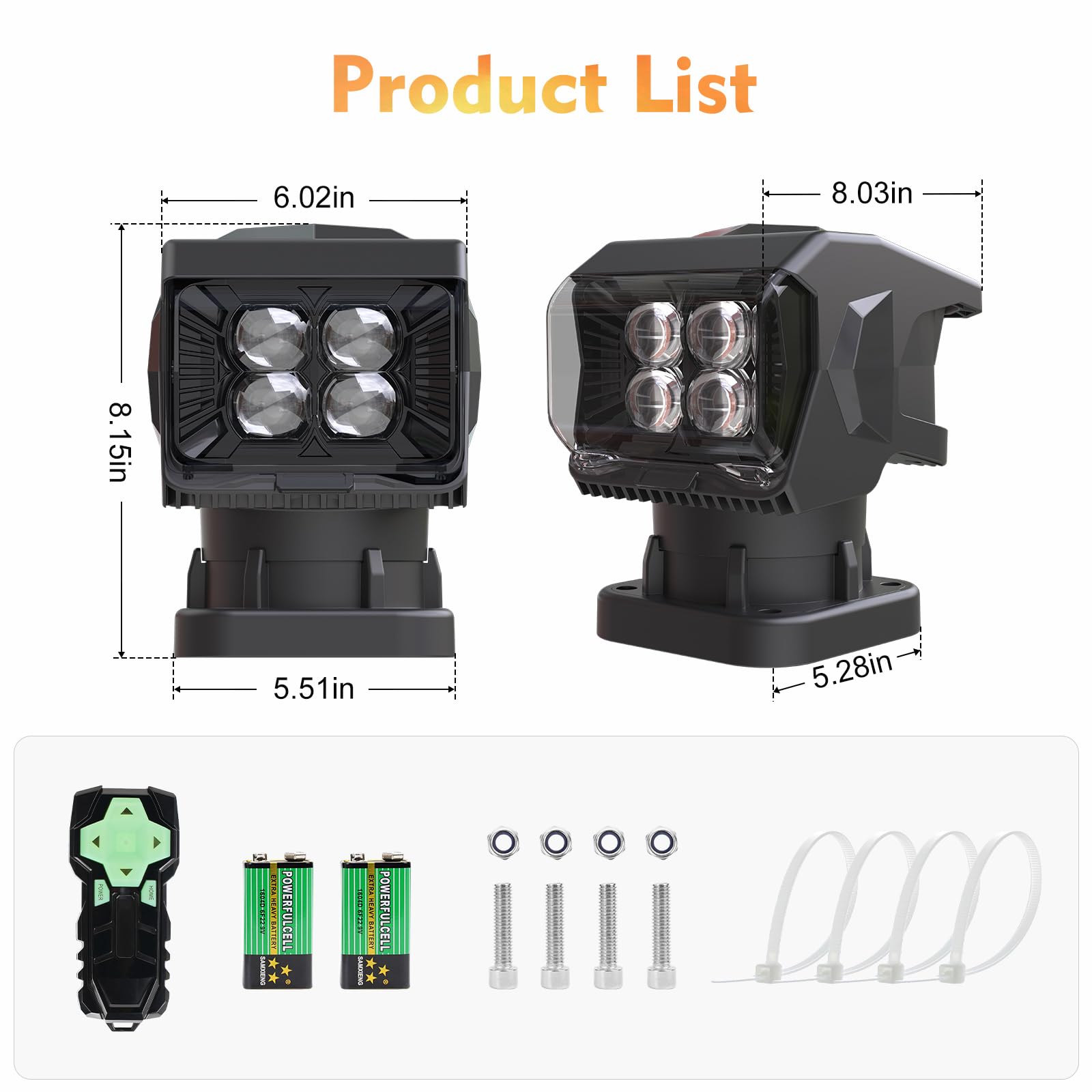 BIGACOVER Remote Control LED Spotlight, 50W Waterproof Searchlight, 360° Rotating, Black, with 5 Strong Magnets for Truck/Boat, 12V/24V