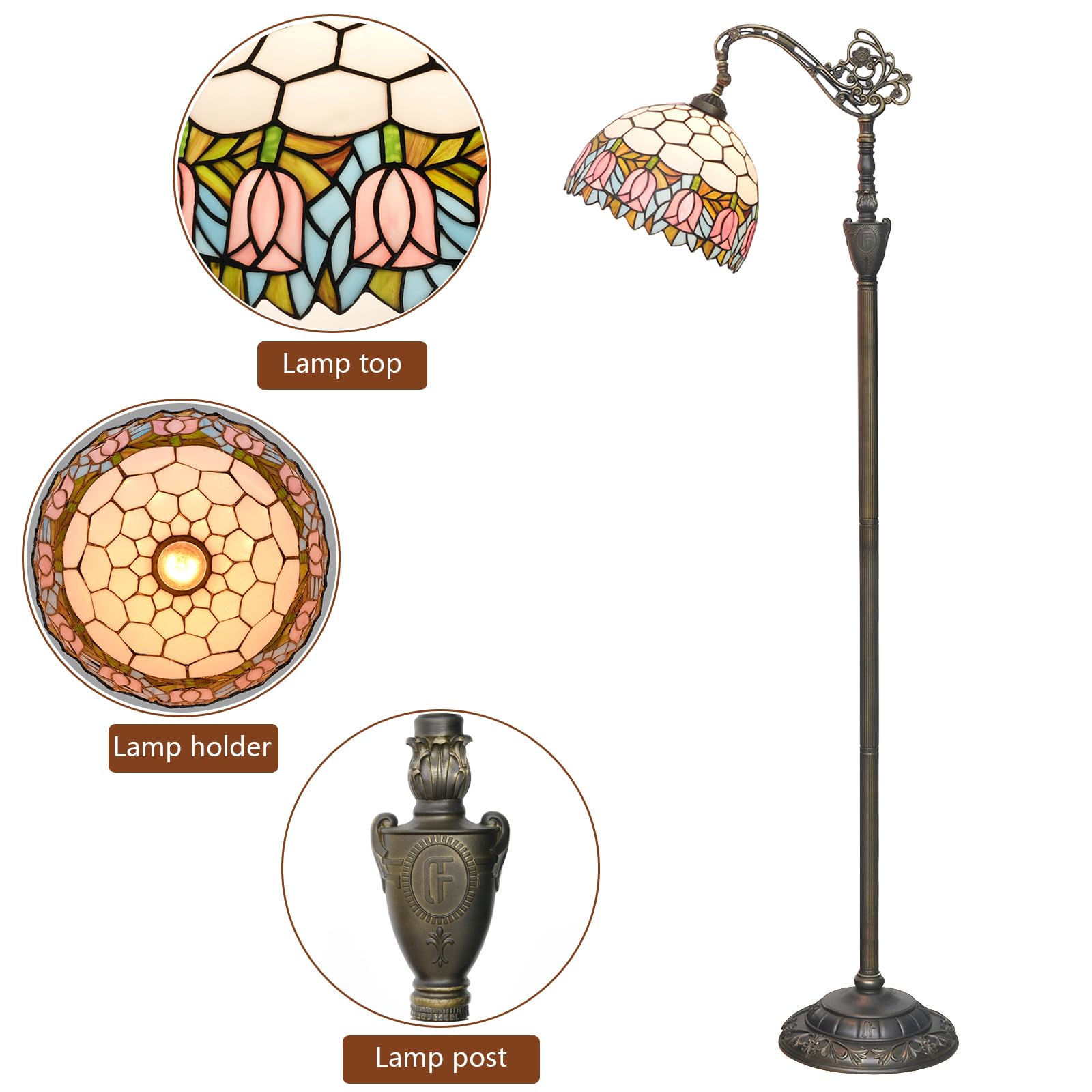 Blivuself Tiffany Floor Lamp - Pink Tulip Stained Glass, 63" Gooseneck Design, Handcrafted for Home Decoration and Reading