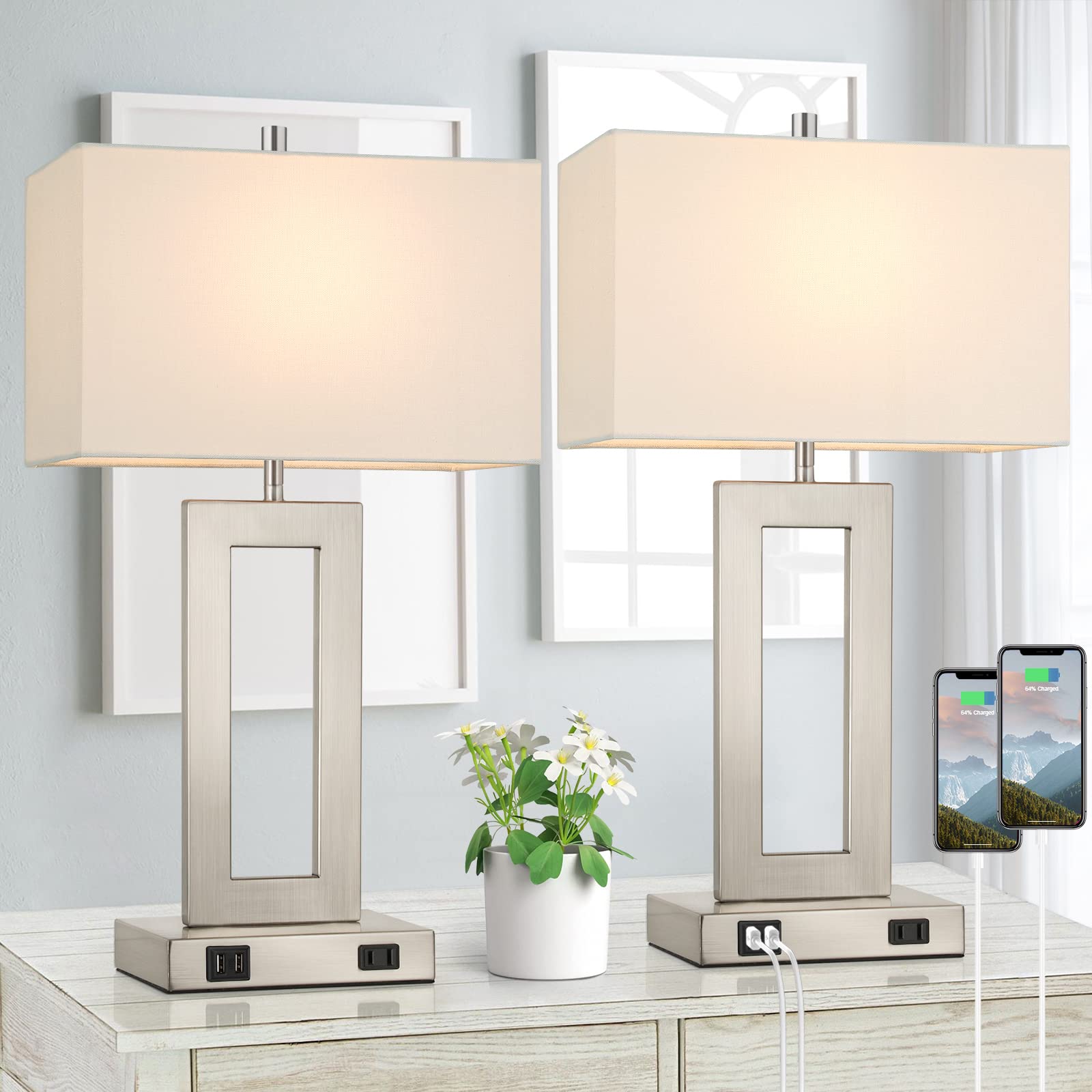 22'' Tall Table Lamps For Bedroom Set Of 2, Silver Bedside Touch Control Lamp With 2 Usb Ports&Ac Outlet, Modern Living Room Tab