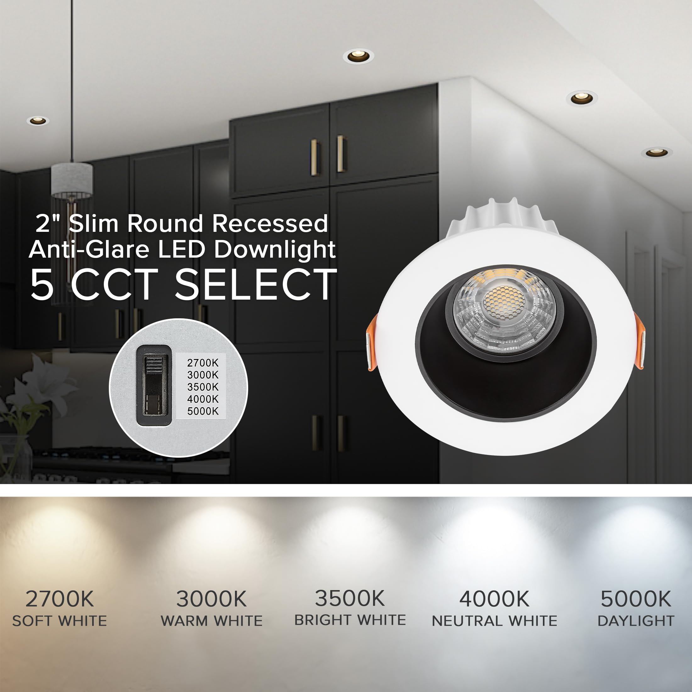 Maxxima Ultra-Thin 2" LED Downlight - 600 Lumens, Dimmable, 5 Color Temp, White/Black Trim, Model MRL-S20803BW