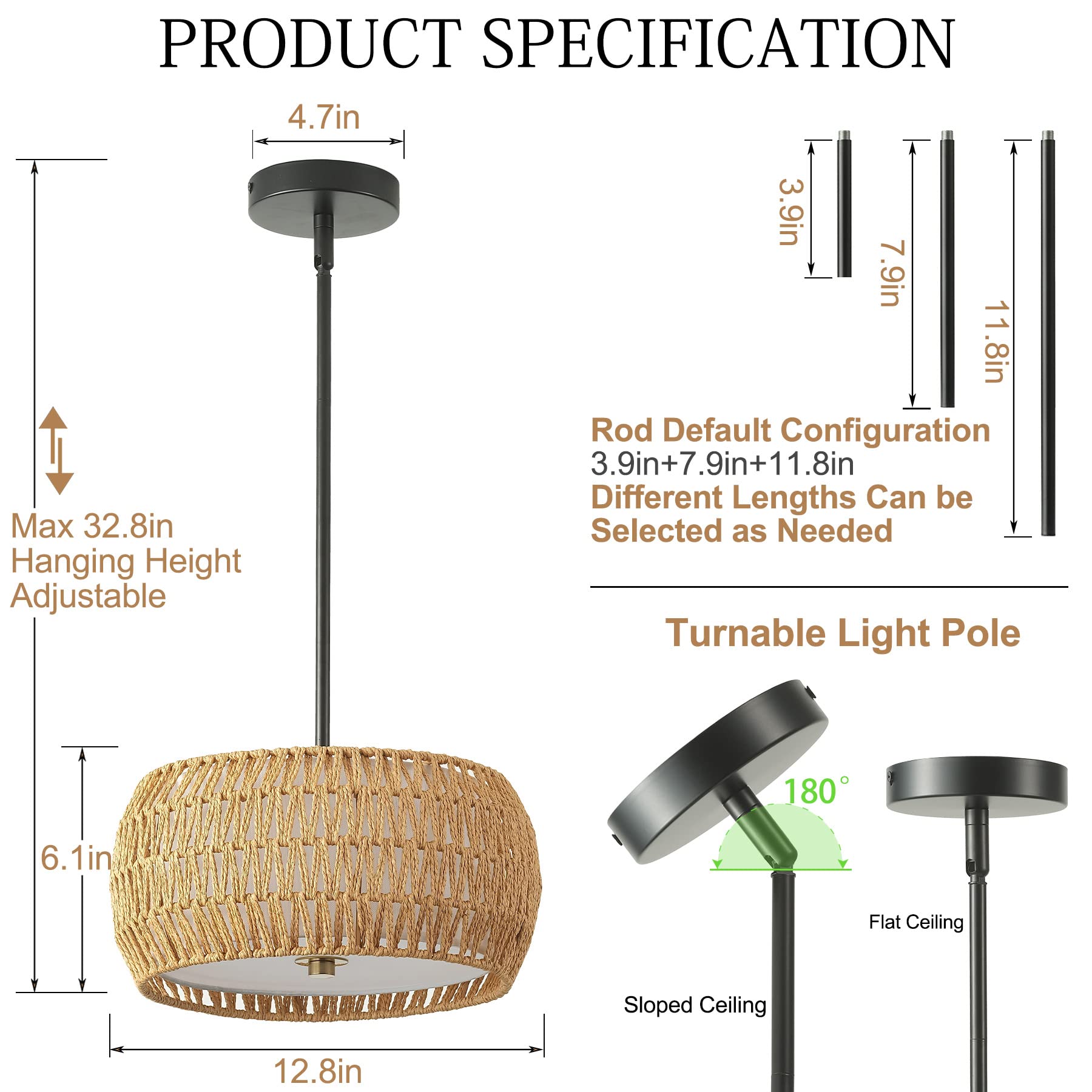 Giutna Rattan Farmhouse Chandelier Light Fixtures, 3-Light Rattan Pendant Light, Boho Ceiling Light Fixture Flush Mount,Woven Ch