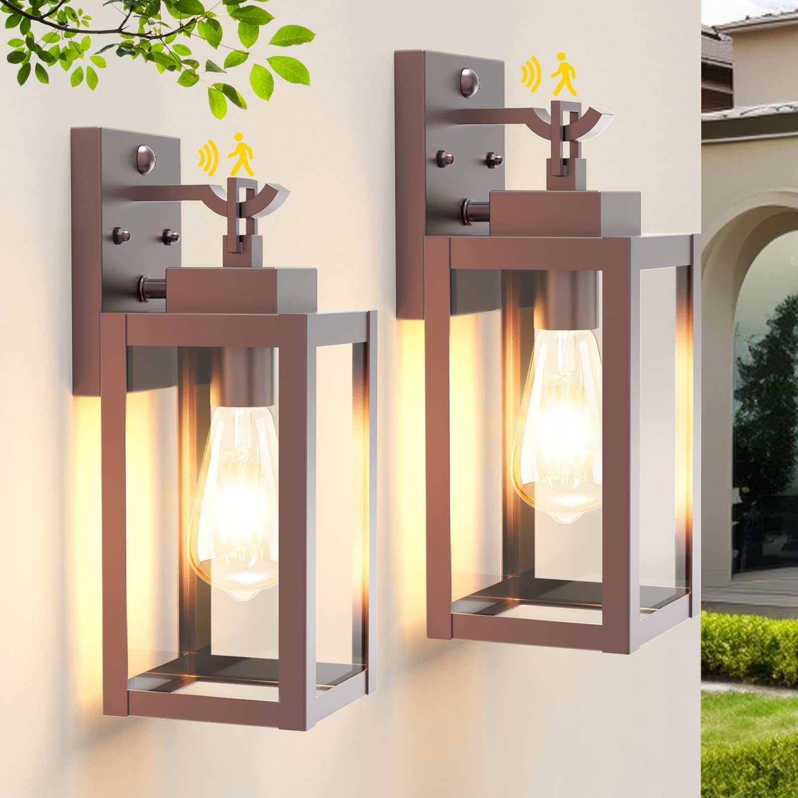 LTBLIGHT 2-Pack Outdoor Motion Sensor Light, 3 Modes Dusk to Dawn Porch Lighting Fixtures, Farmhouse Brown Waterproof Wall Lante