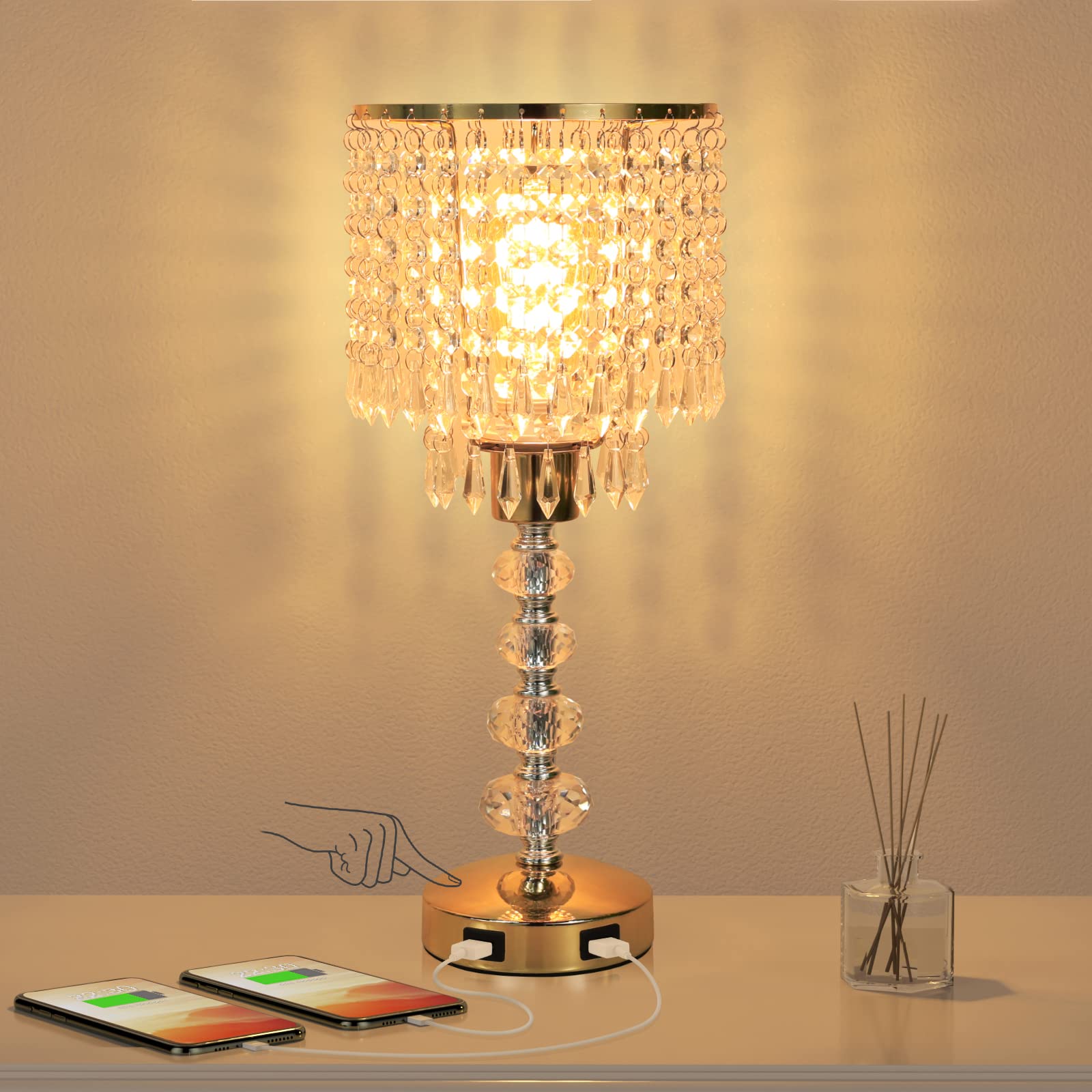 Acaxin Crystal Table Bedside Lamp, Touch Control, 3-Way Dimmable, Medium, Gold, Model 7c05839c-d465-4e08-b06f-
