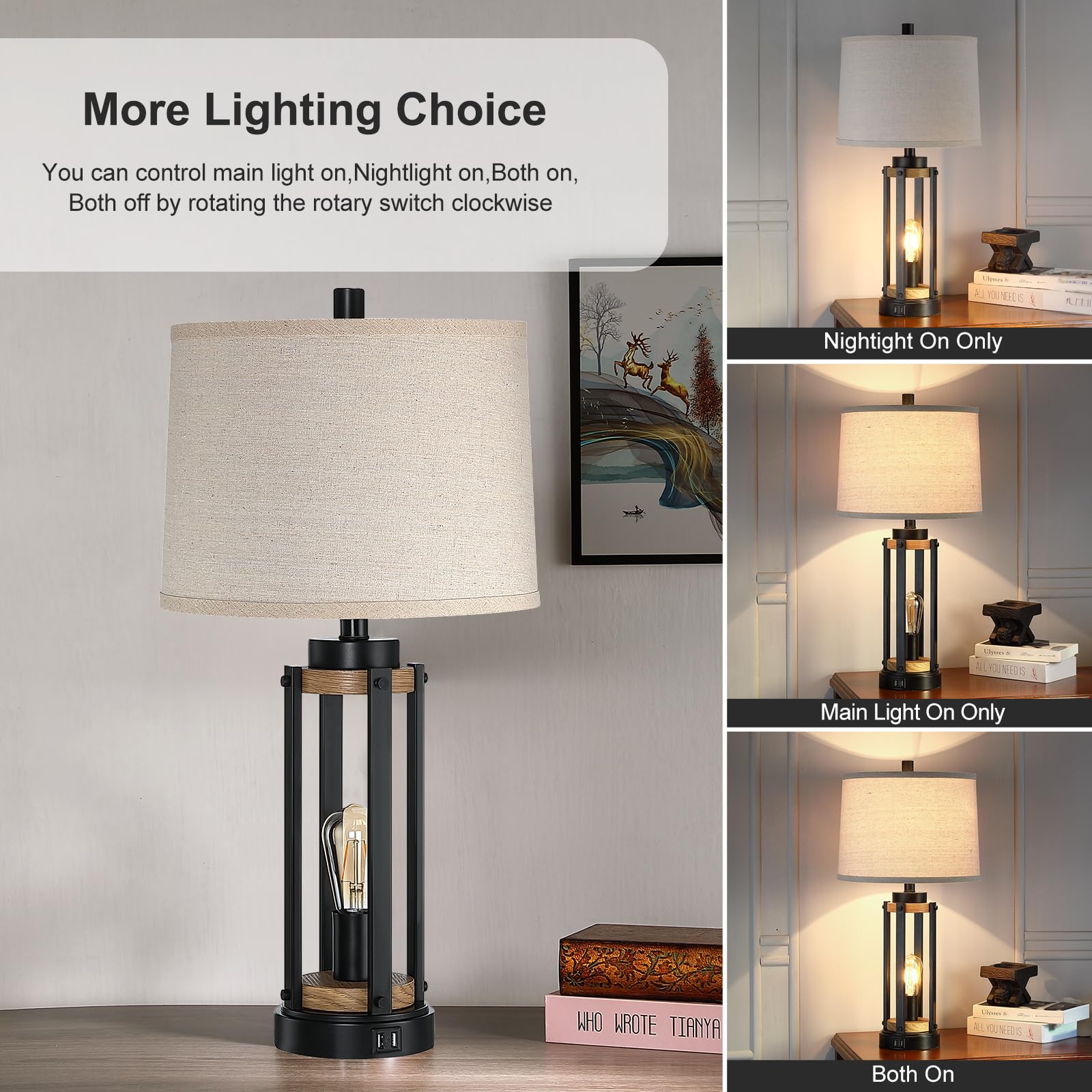 Altgedecor Farmhouse Table Lamps For Living Room Set Of 2, 26    Rustic Beside Lamps With Usb Charging Ports And Night Light, Be