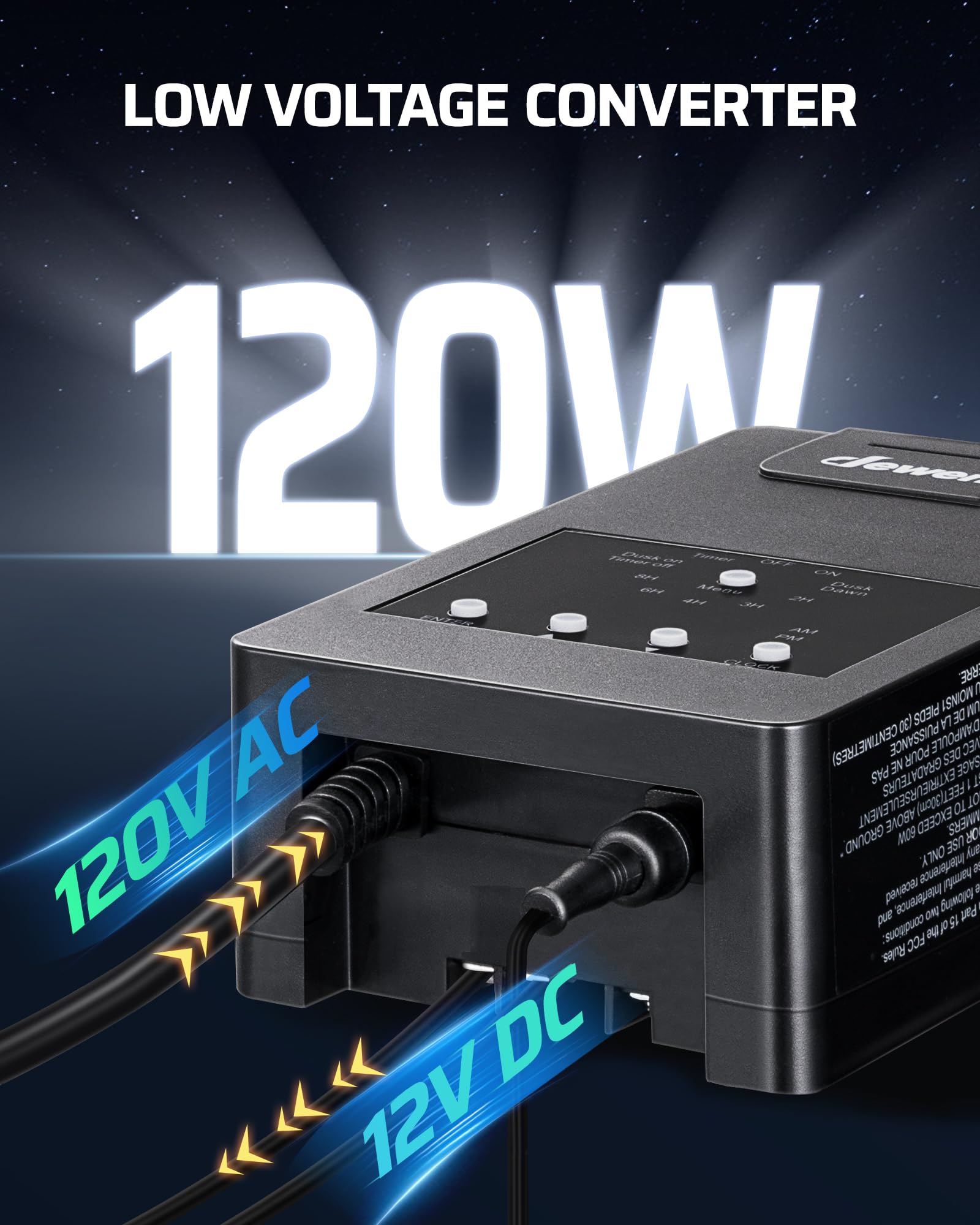 Dewenwils 120W Low Voltage Transformer With Photocell Sensor & Timer, 120V Ac To 12V Dc, Weatherproof Landscape Lighting Transfo