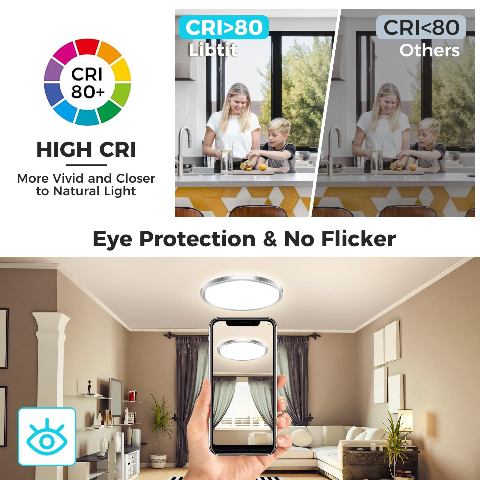 Libtit 3Pack Led Ceiling Light 13Inch, 24W 2400Lm Bright Light Fixture Brushed Nickel, Adjustable 3000K/4500K/6000K, Modern Slim