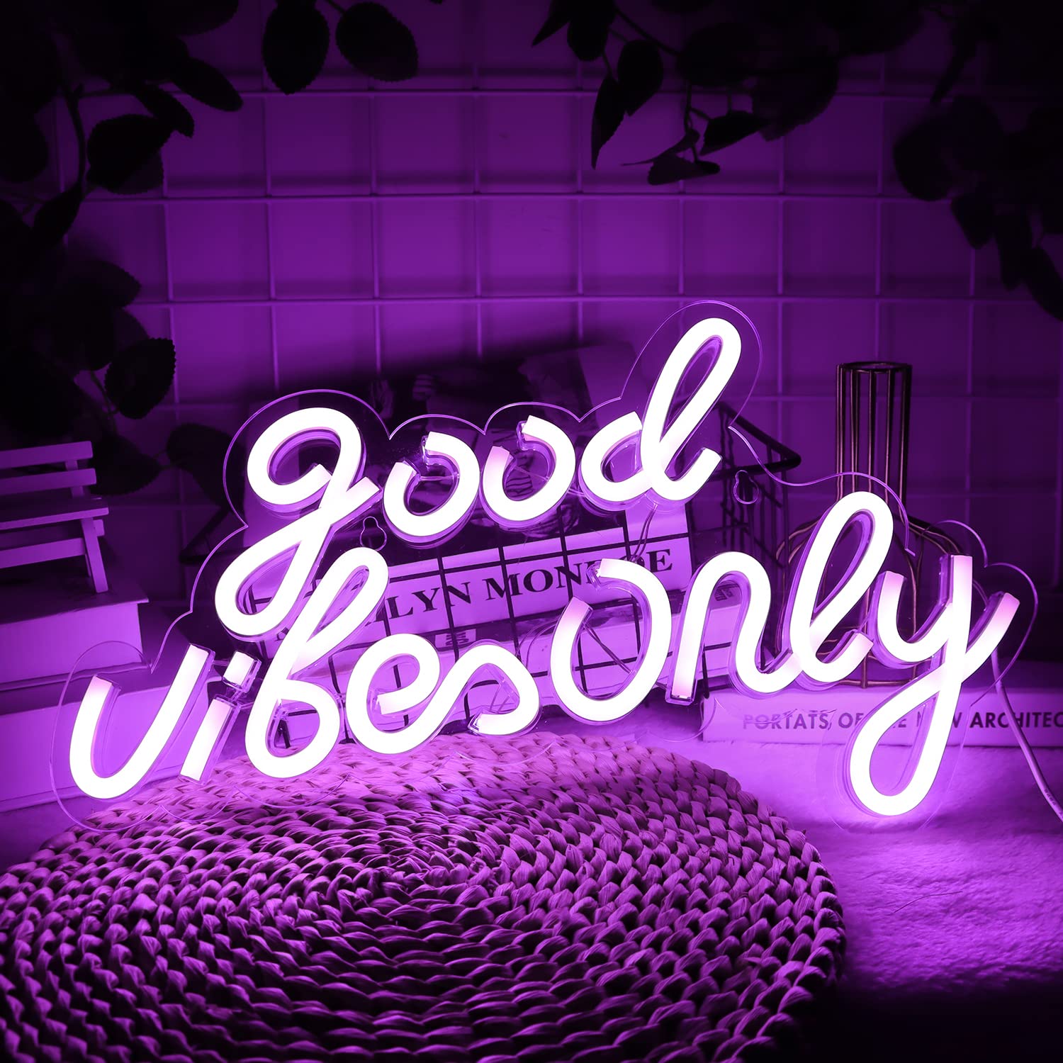 JFLLamp Neon Wall Sign Good Vibes Only, 16.5x10 inches, Purple, Plastic, Model GBO-Purple, LED Decorative Light