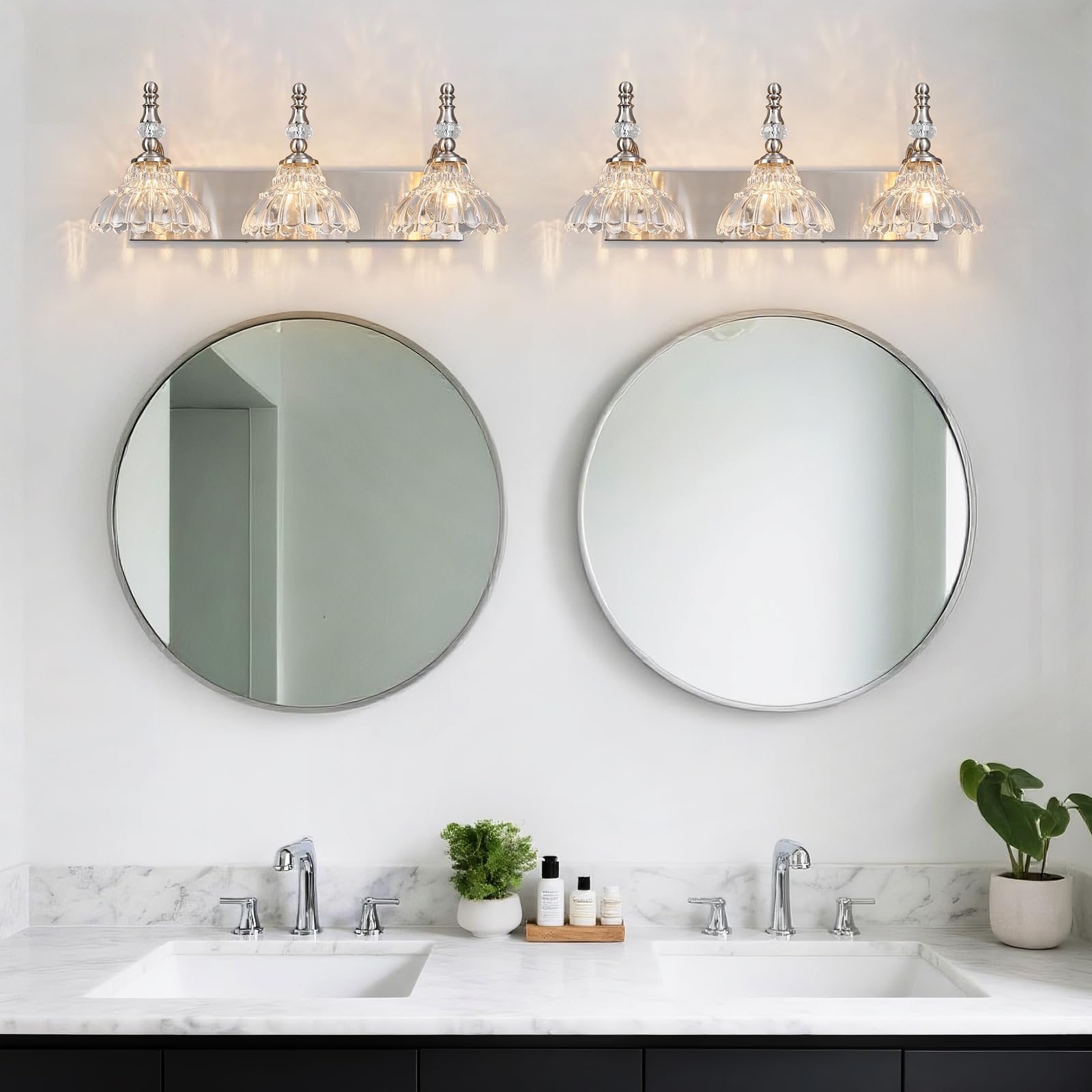 Lbsqj Vintage Bathroom Vanity Light  3-Light Brushed Nickel Vanity Lighting Fixture With Flower Glass Shade  Bathroom Lighting Fixtures Over Mirror
