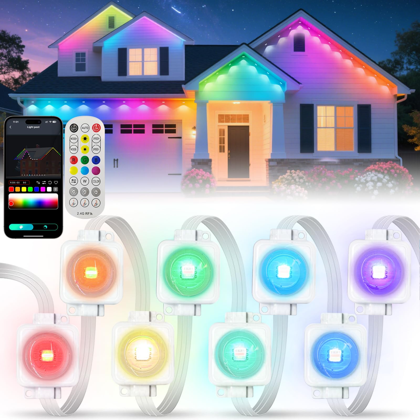 Super RGB Outdoor LED String Lights, 100FT, 60 LEDs, IP67 Waterproof, White & Colorful, Model JG-001W-10, Smart APP Control