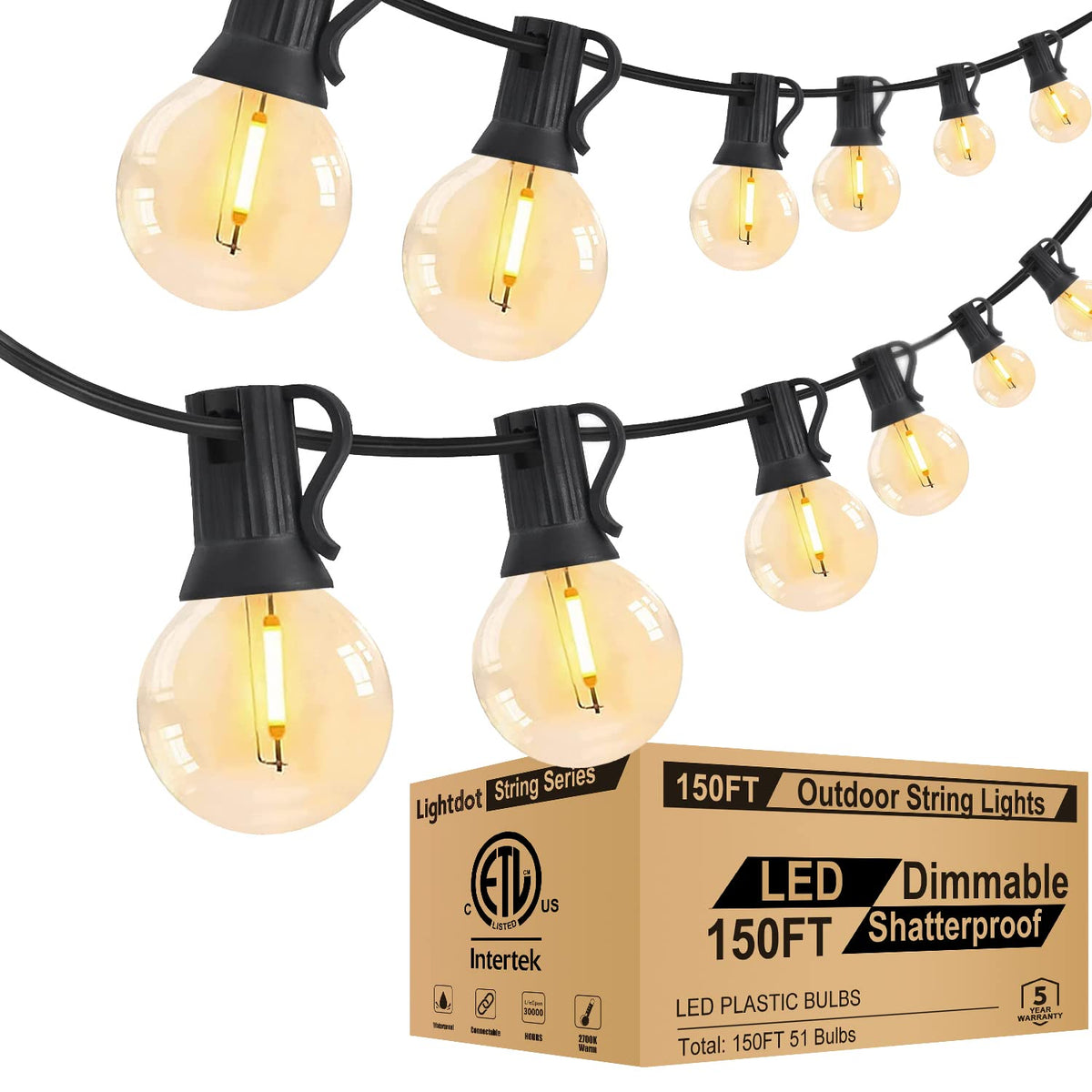 Lightdot 150Ft Outdoor String Lights, Led Bistro String Lights With Shatterproof St38 Bulbs, 2700K Dimmable, Waterproof Hanging