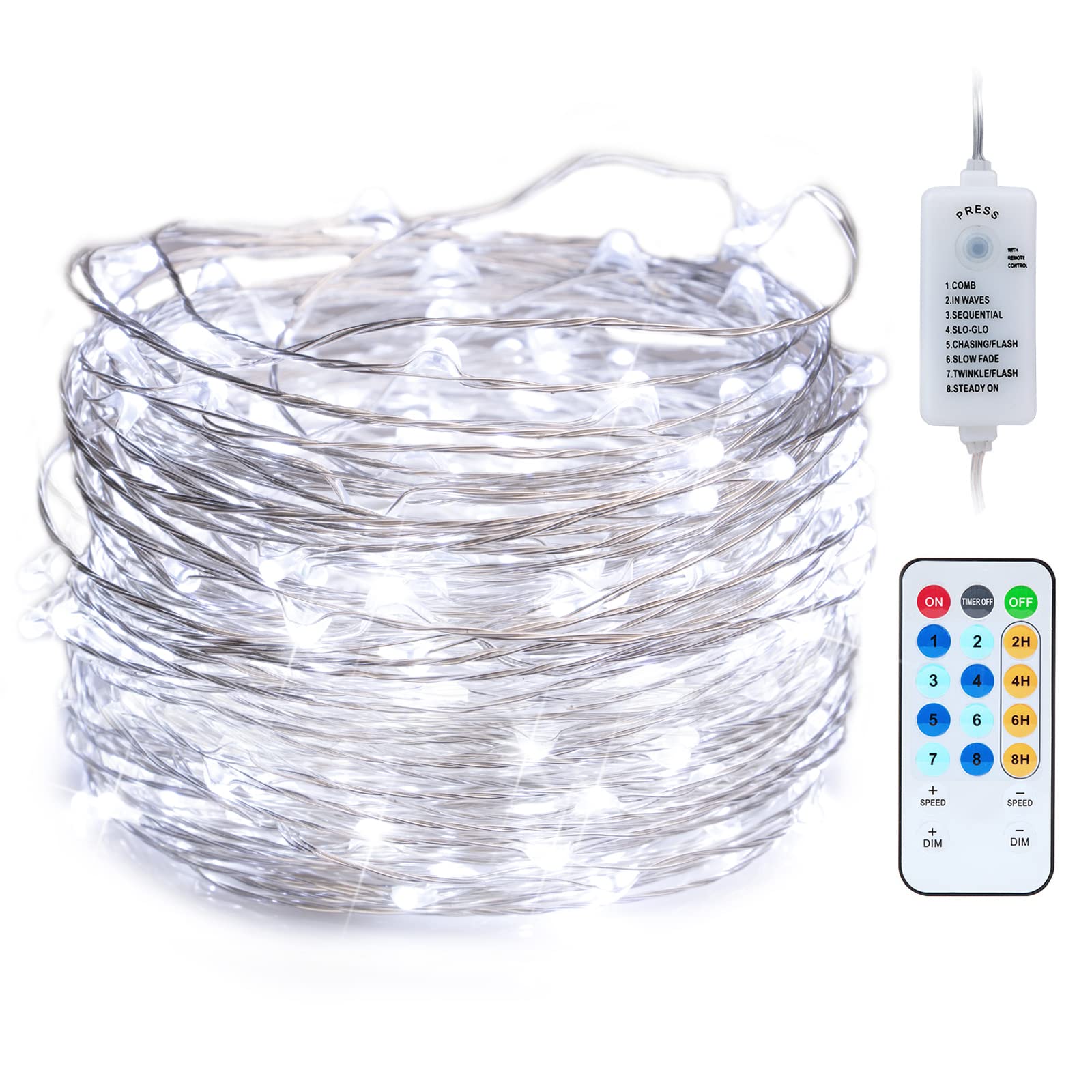 Minetom USB Fairy String Lights, 66FT 200LED, 8 Modes, Pure White, Perfect for Bedroom, Halloween, Christmas, Weddings, and Parties