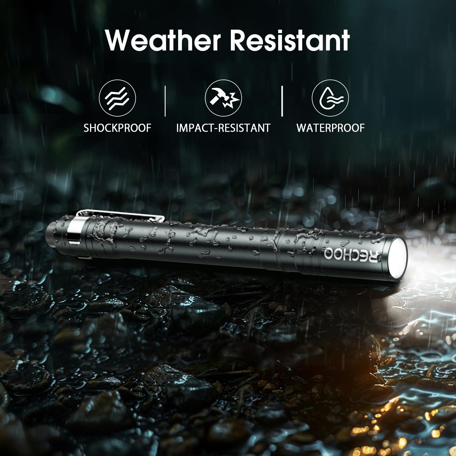 RECHOO LED Pen Light 4 Pack, Small Waterproof Flashlight, Aluminum, Gray, Model SFL005-Grey