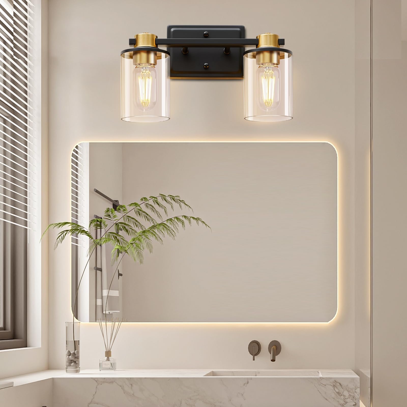 SANGFOR Bathroom Light Fixture, Modern Gold & Black Vanity Light, Clear Glass Shade, Metal Frame, E26 Base, Size M