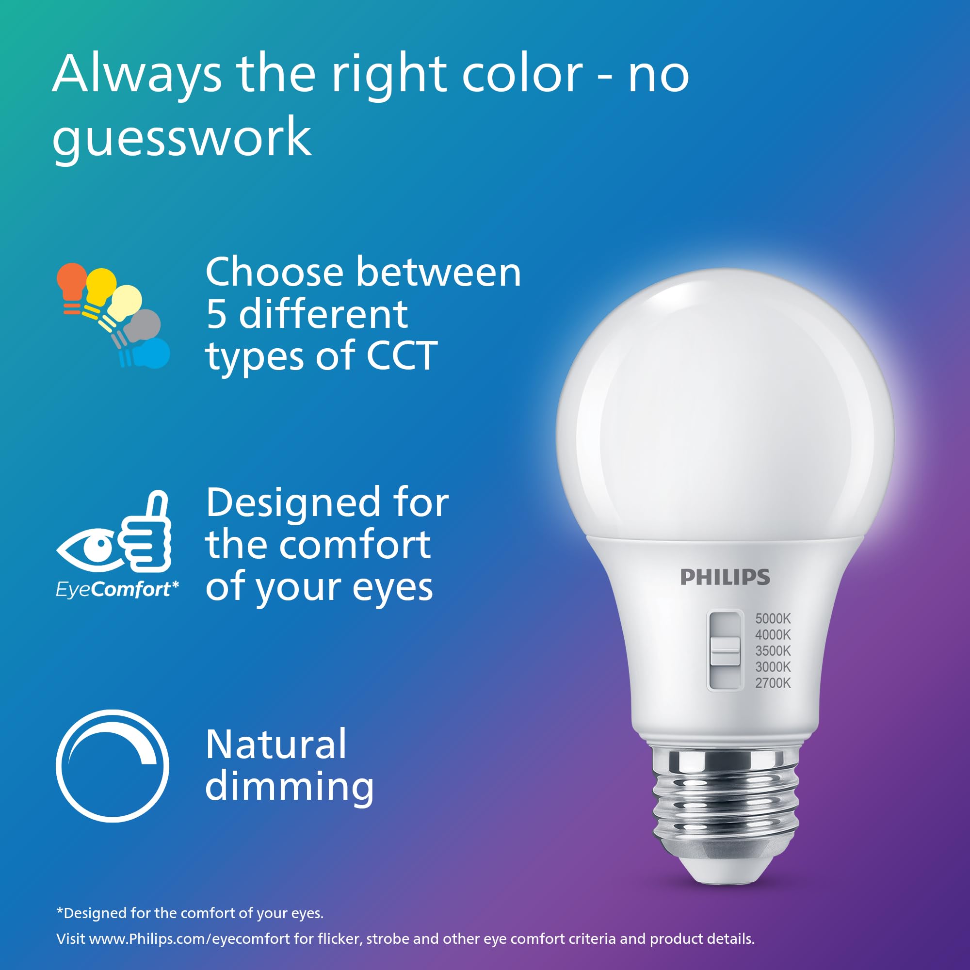 PHILIPS LED 100W A19 4-Pack Selectable White Multi-CCT 1500 Lumen (14W = 100W) Dimmable Flicker-Free Light Bulbs
