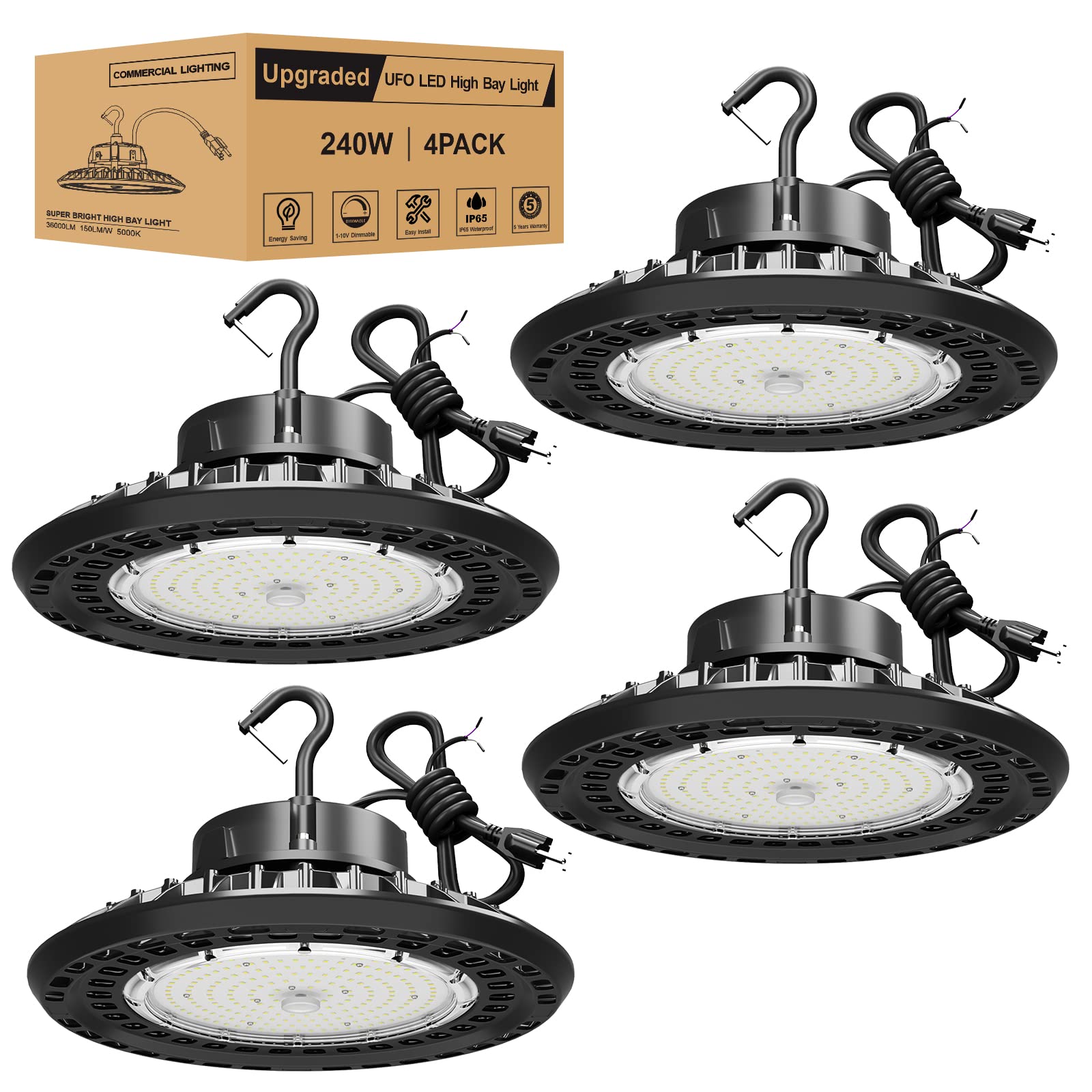 Jc-Lgl 240W Ufo Led High Bay Light 5700K 4 Pack, High Bay Led Light, Dimmable High Bay 6' Cable With Us Plug, Hanging Hook, Safe Rope, Etl Listed High Bay Light For Warehouse Factory Barn Shop