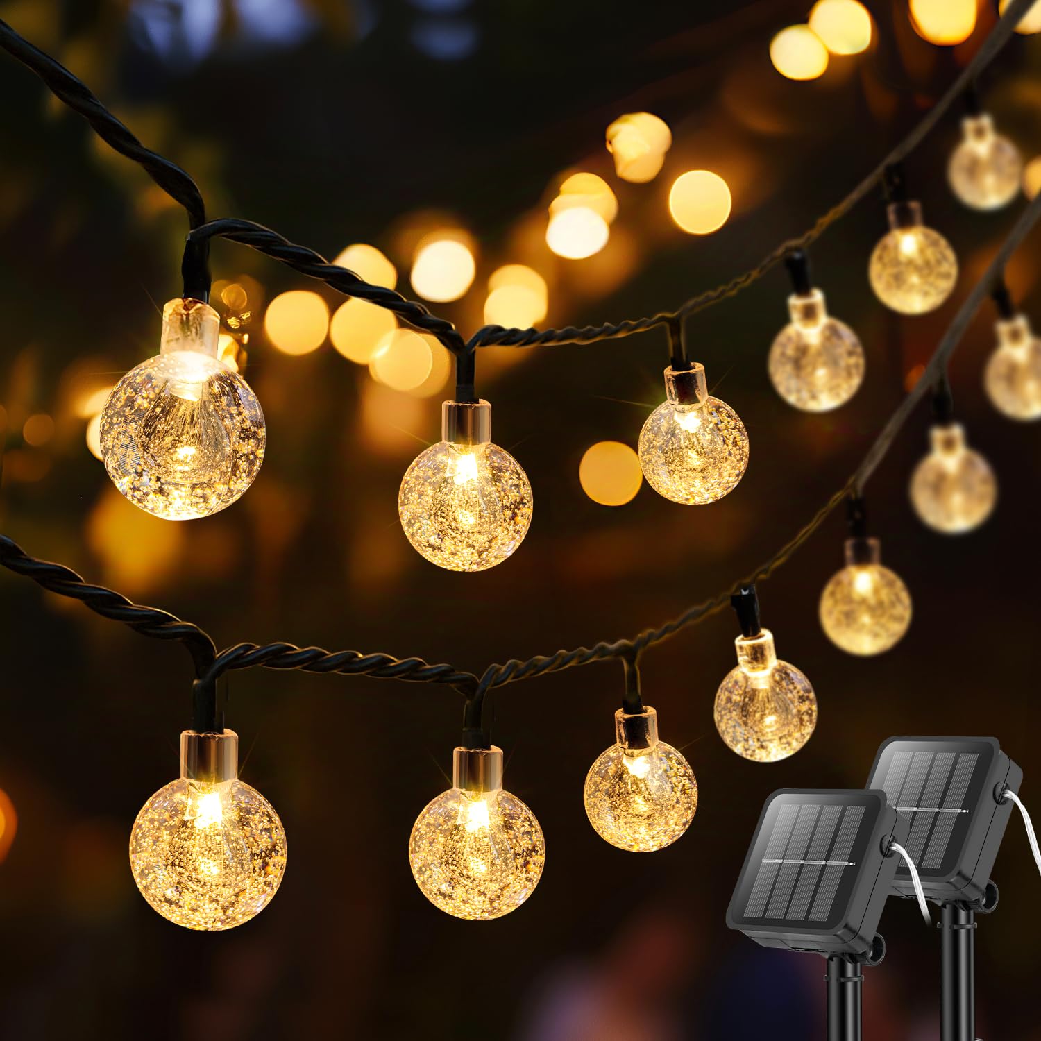 Metaku Solar String Lights, 40FT 60 LED, 2 Pack, Warm White, 8 Lighting Modes, Outdoor Patio Decoration