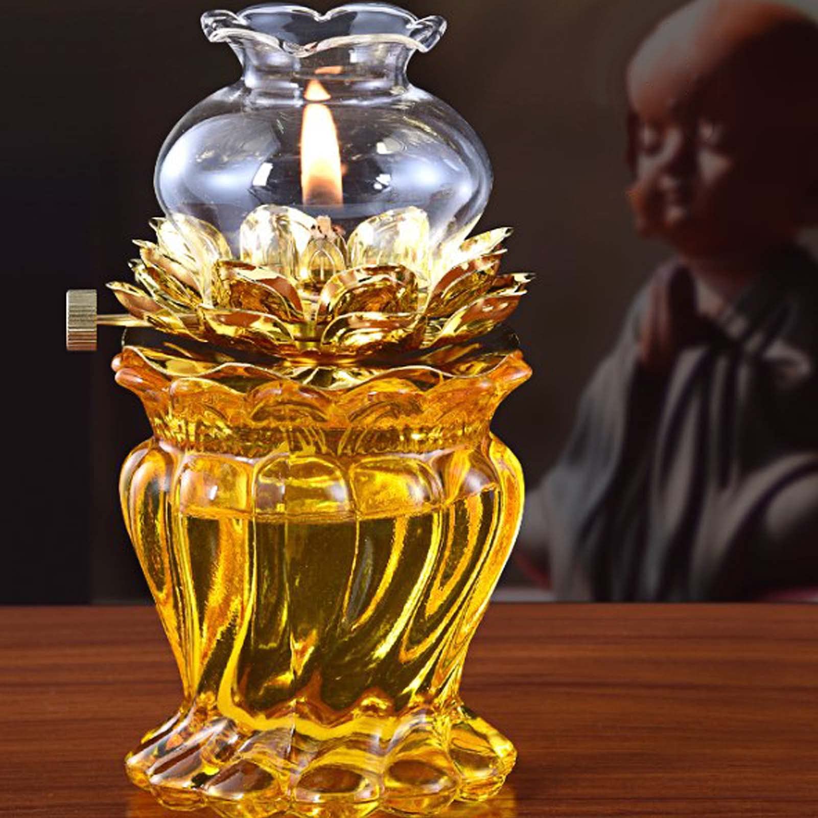 Oil Lamp For Indoor Use,Vintage Glass Kerosene Lamp With Wick,Lotus Flower Lamp For Buddha Front Light ,Altar Supplies,Emergency