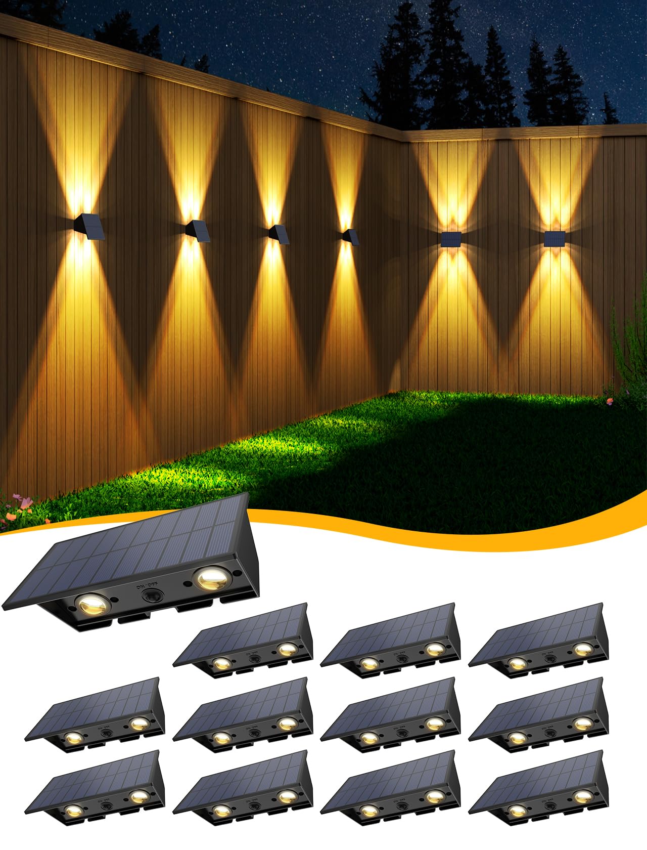 Solar Fence Lights,12Pack Solar Lights Outdoor Warm White Up & Down Solar Wall Lights Waterproof 100 Lumens Dusk to Dawn Solar P