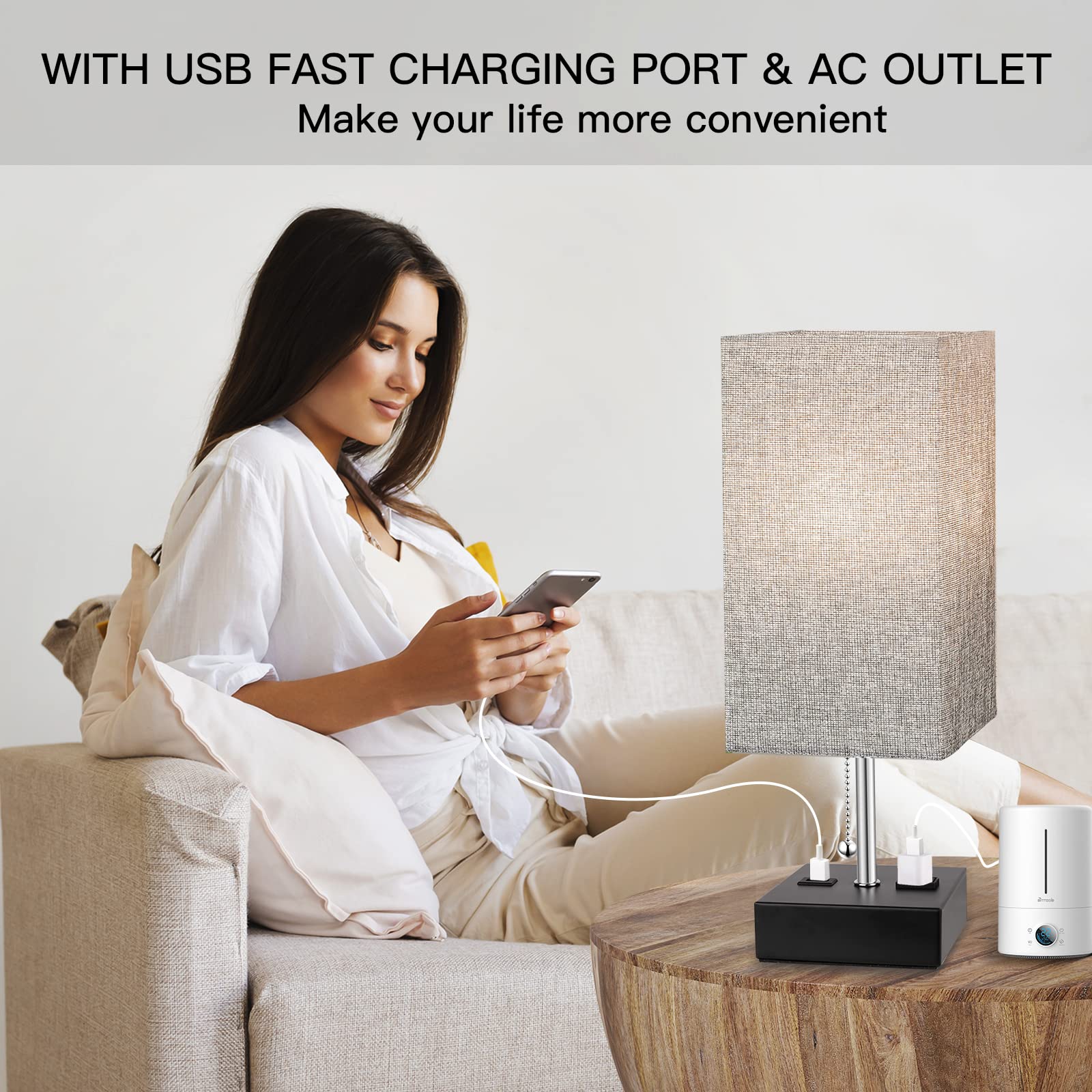 WIHTU 3-Color Temperature Table Lamps for Bedrooms Set of 2, Small Bedside Lamp with USB Port and AC Outlet, Grey Shade, Black M