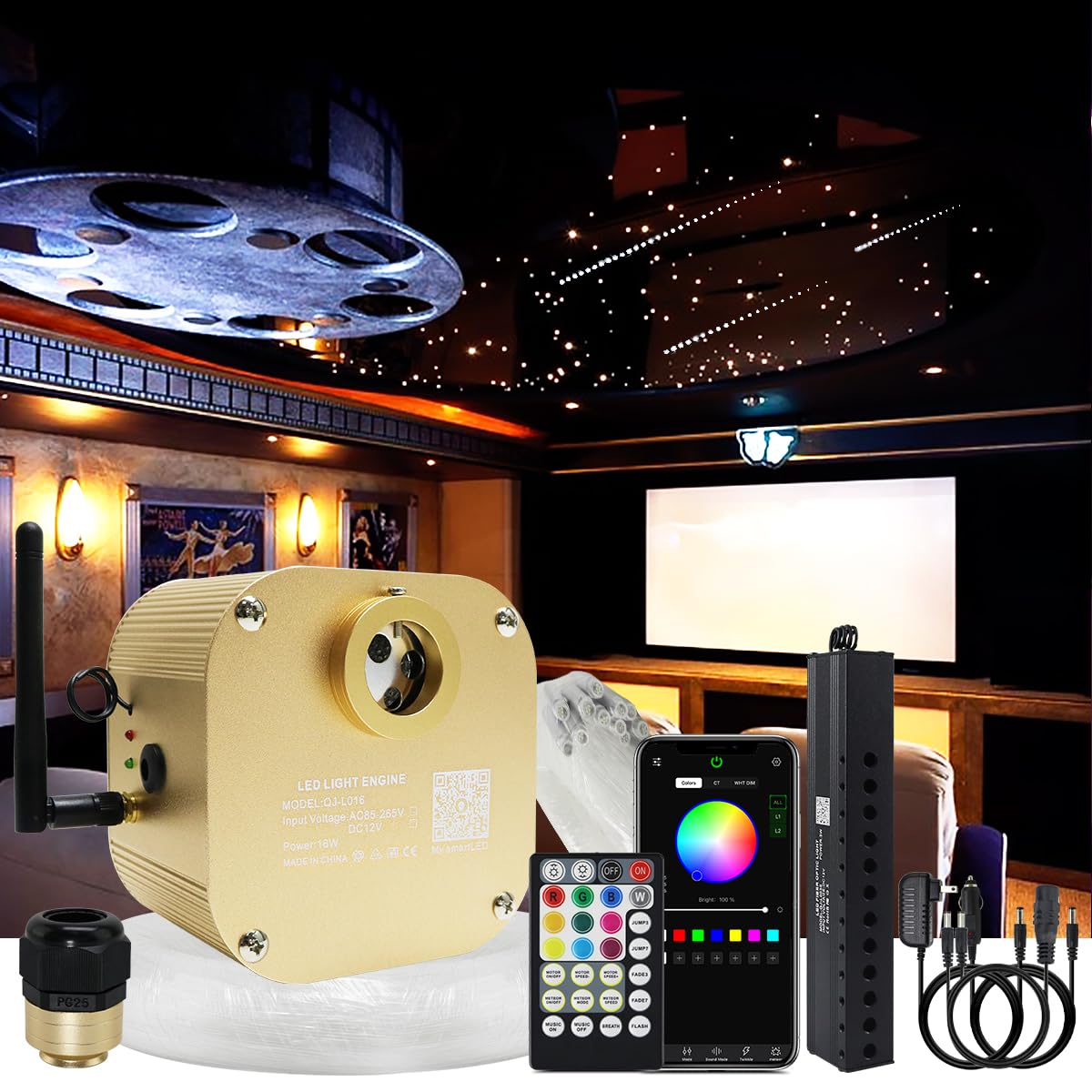 Akepo 16W Rgbw Fiber Optic Twinkle Lights Kit, 550Pcs 0.03In X 13.1Ft, Multicolor, App+Music Control, Shooting Star Effect