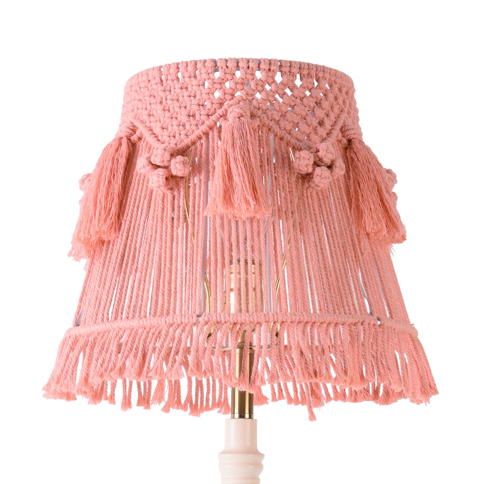 JERHOUS Pink Boho Woven Lamp Shade Bell Tassels Lampshade 7.5``Top x 12``Bottom x 11``High(Spider) Medium Handmade Lamp Shades for Table & Bedside Lamp - Easy Assemble