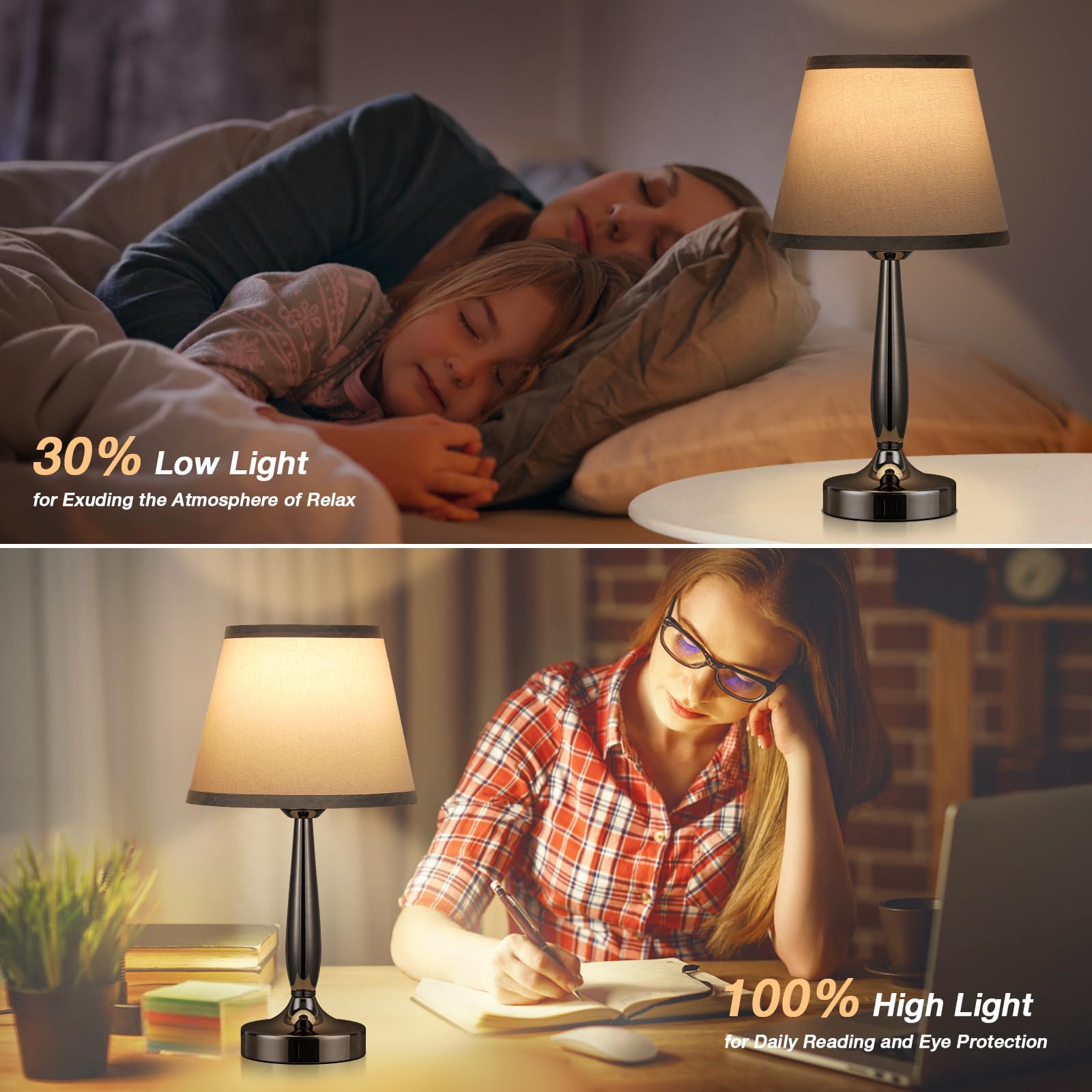 Kakanuo Touch Table Lamp - 3 Way Dimmable, USB C Charging, Metal, A-Gray, LED Bulb Included for Bedroom, Living Room, Office
