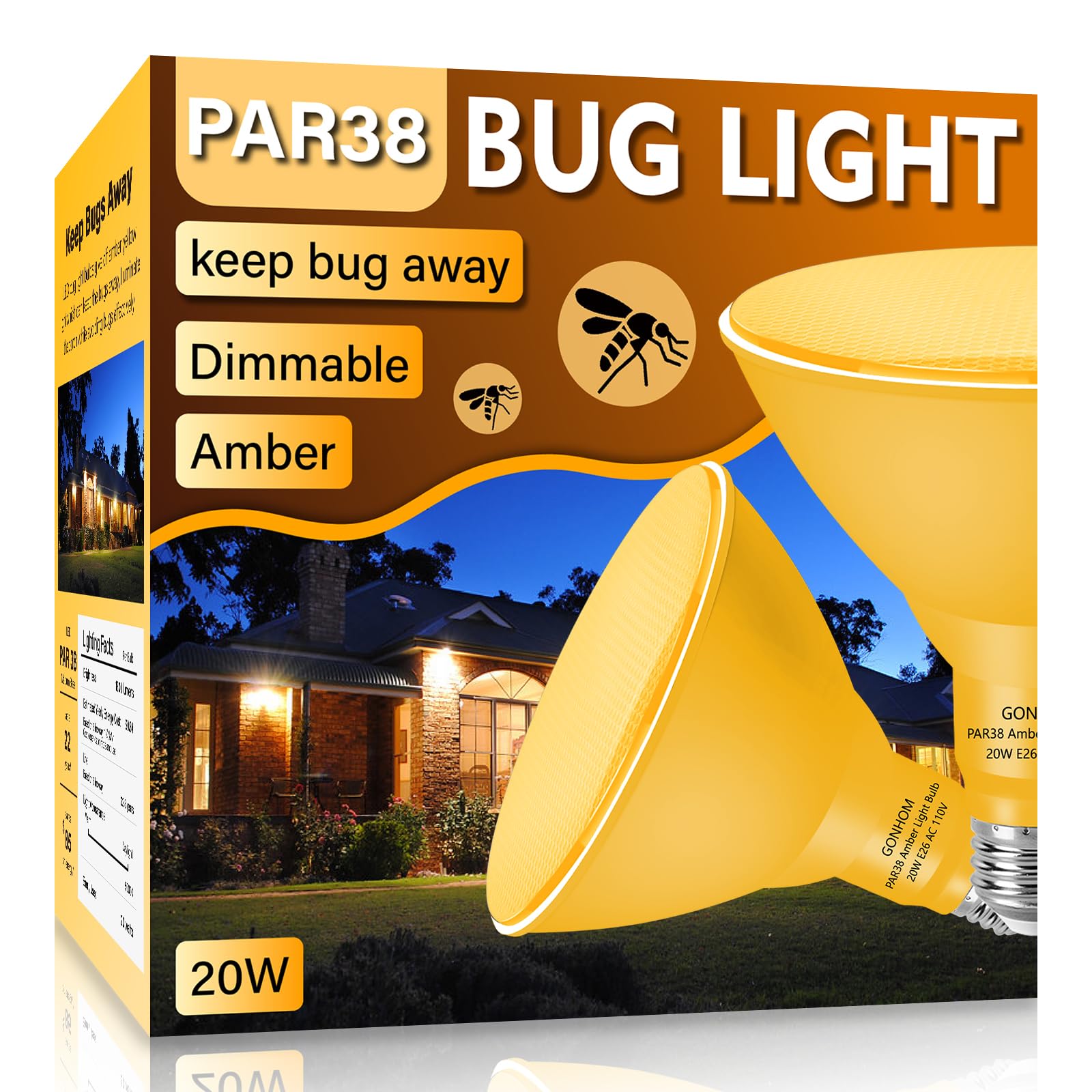 Gonhom Par38 Bug Flood Light Bulbs Outdoor,2 Pack-Dimmable,Bug Lights For Outside,20W Replace Up To 200W,Amber Yellow Light Bulb
