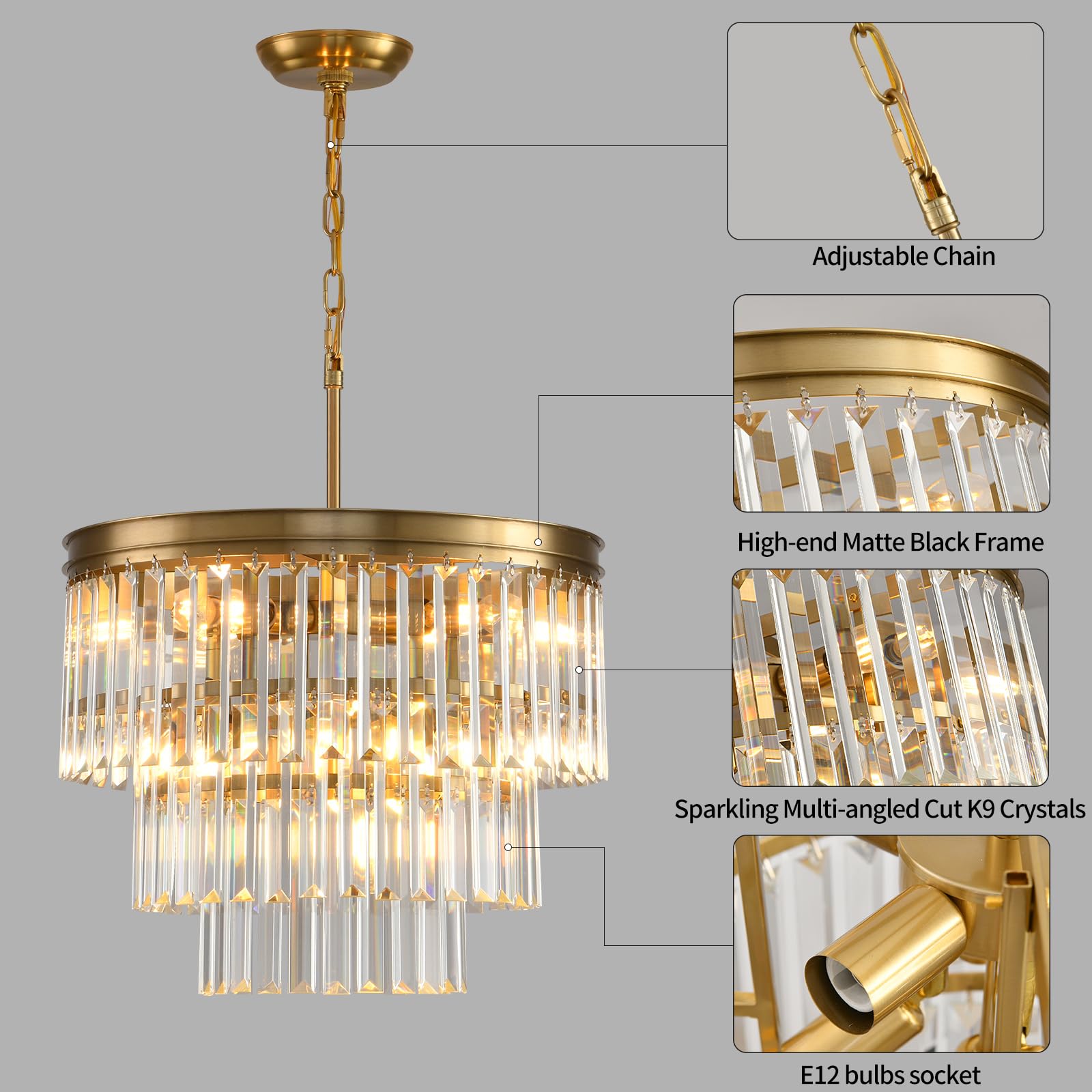 Blinghy Modern Crystal Chandelier, Gold Chandelier, Crystal Ceiling Chandelier. Suitable For Living Room, Bedroom, Long Hallway
